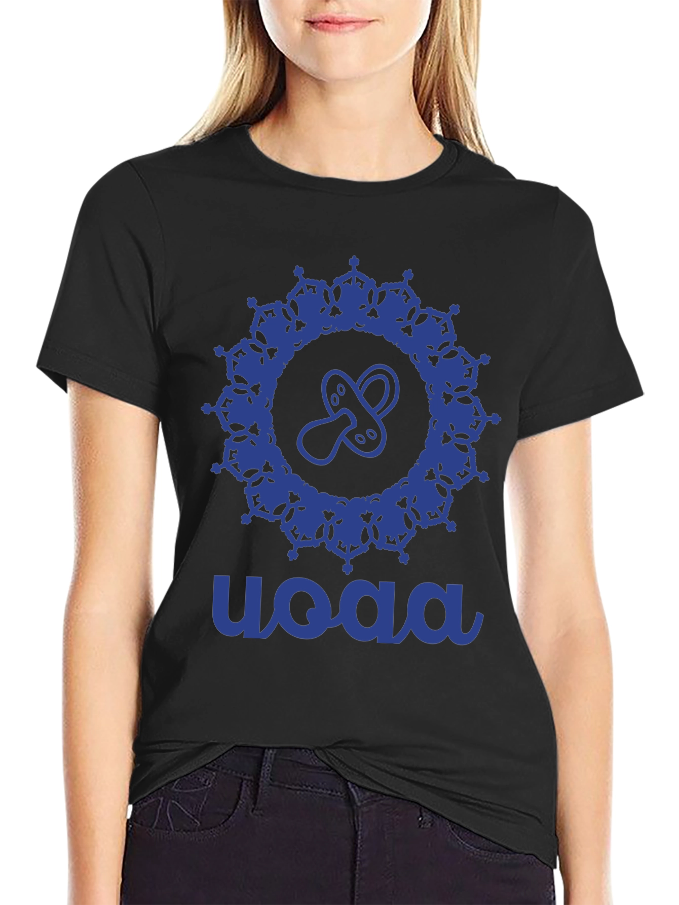 Stylish Blue Baby Pacifier Mandala Black T-Shirt