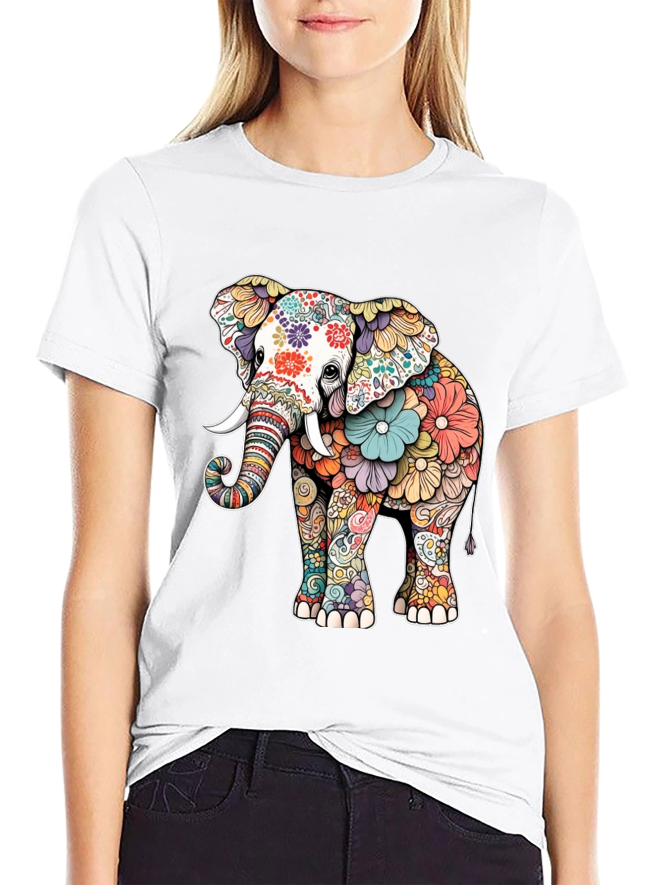 Floral Elephant Graphic Tee - Artistic Animal Design