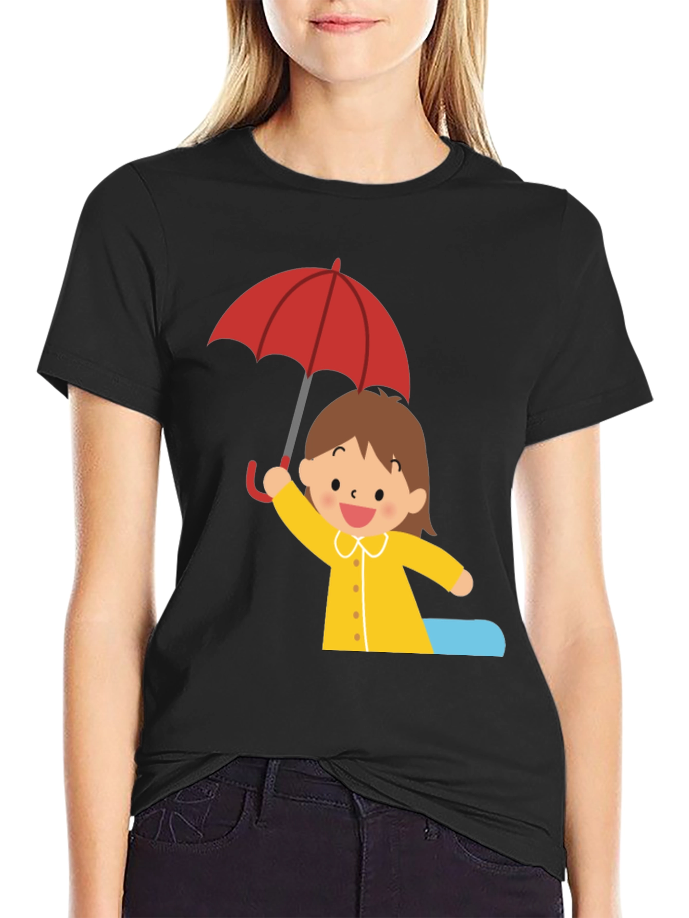 Girl with Umbrella Graphic Tee - Black Cotton T-Shirt