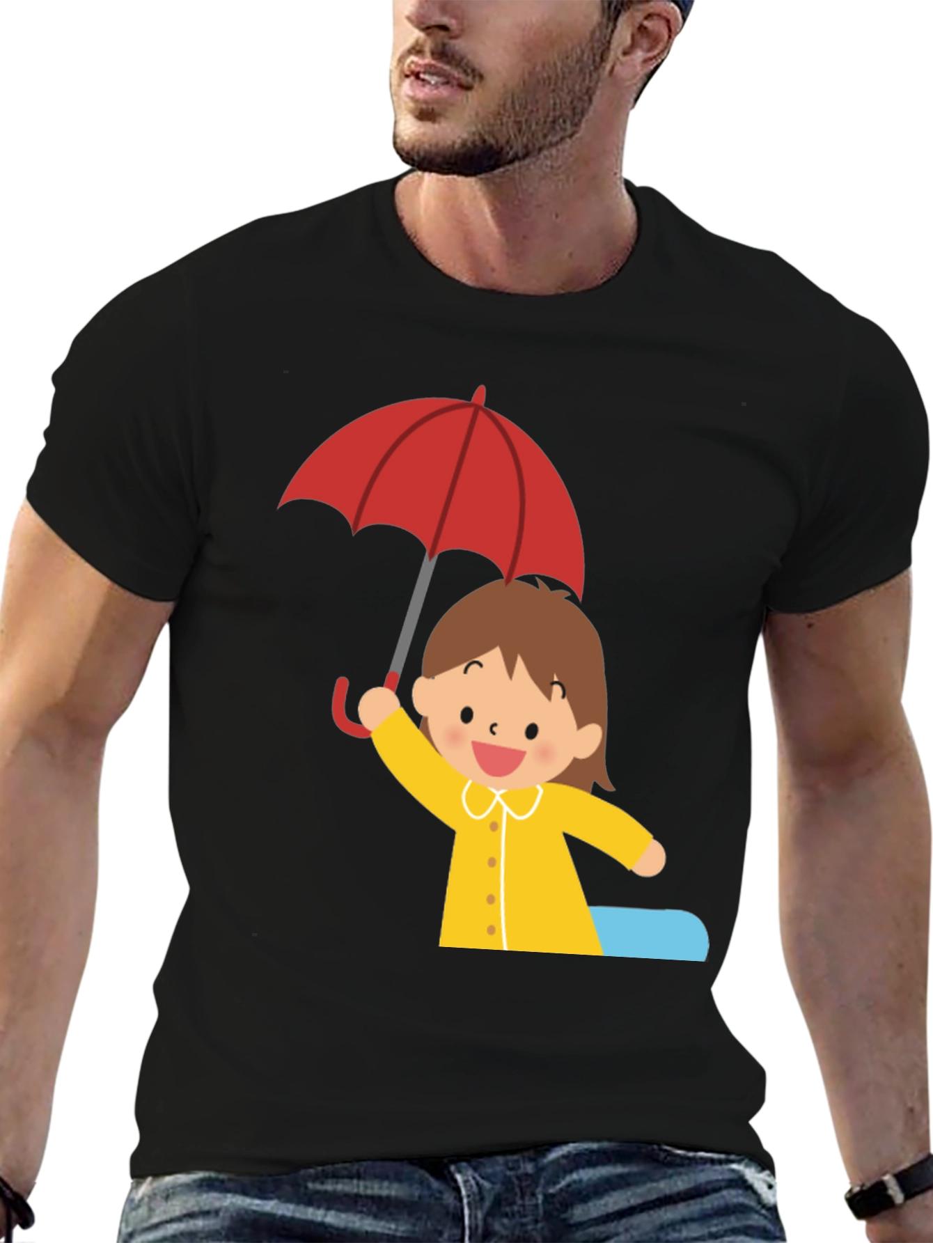 Girl with Umbrella Graphic Tee - Black Cotton T-Shirt