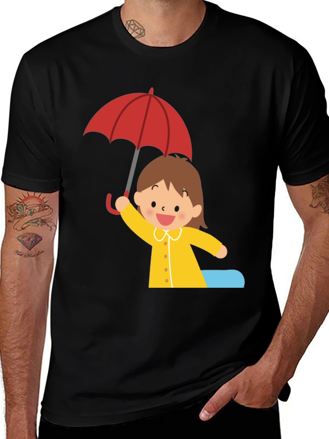 Girl with Umbrella Graphic Tee - Black Cotton T-Shirt