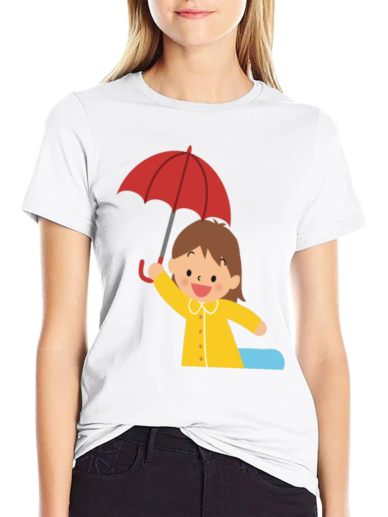 Girl with Umbrella Graphic Tee - Black Cotton T-Shirt