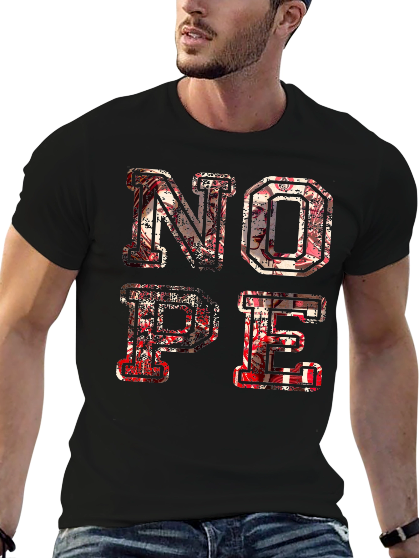 Distressed Nope Graphic Black T-Shirt