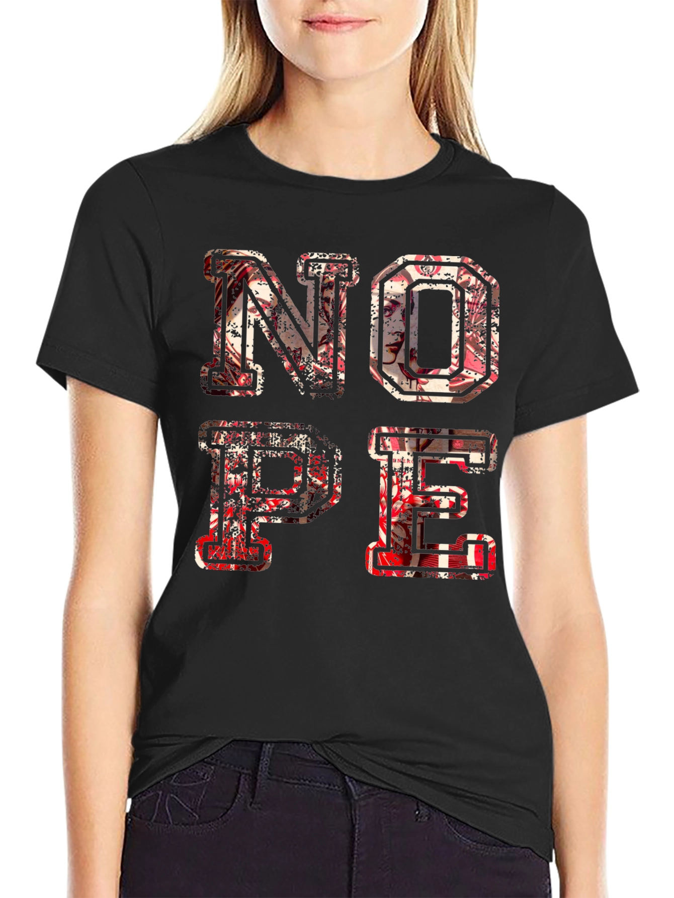 Distressed Nope Graphic Black T-Shirt