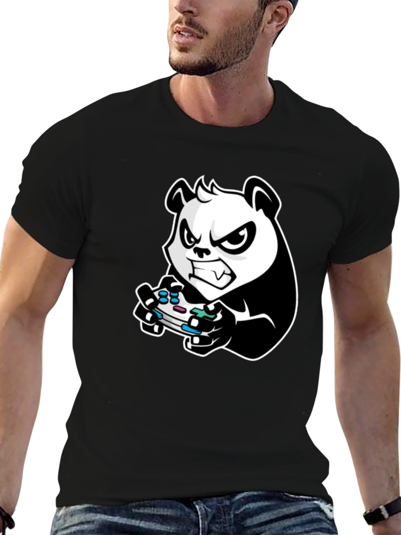 Gaming Panda Graphic Tee - Black Cotton T-Shirt