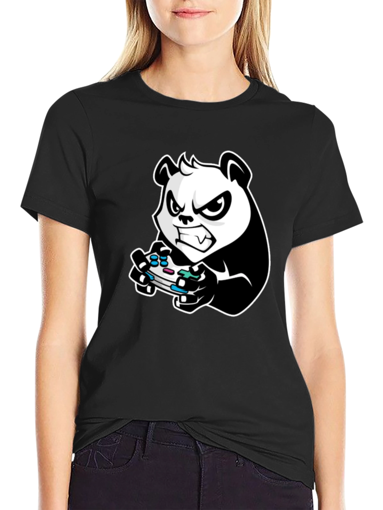 Gaming Panda Graphic Tee - Black Cotton T-Shirt