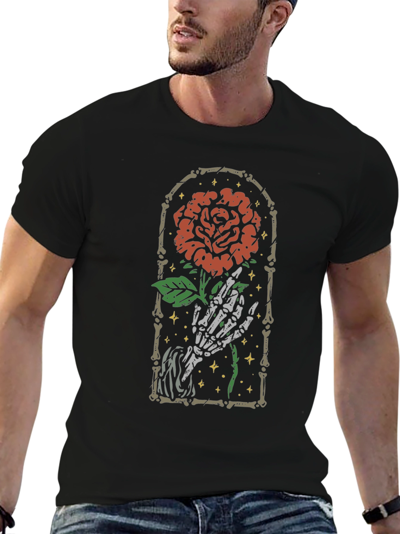 Rose Skeleton Hand Graphic Tee - Gothic Style