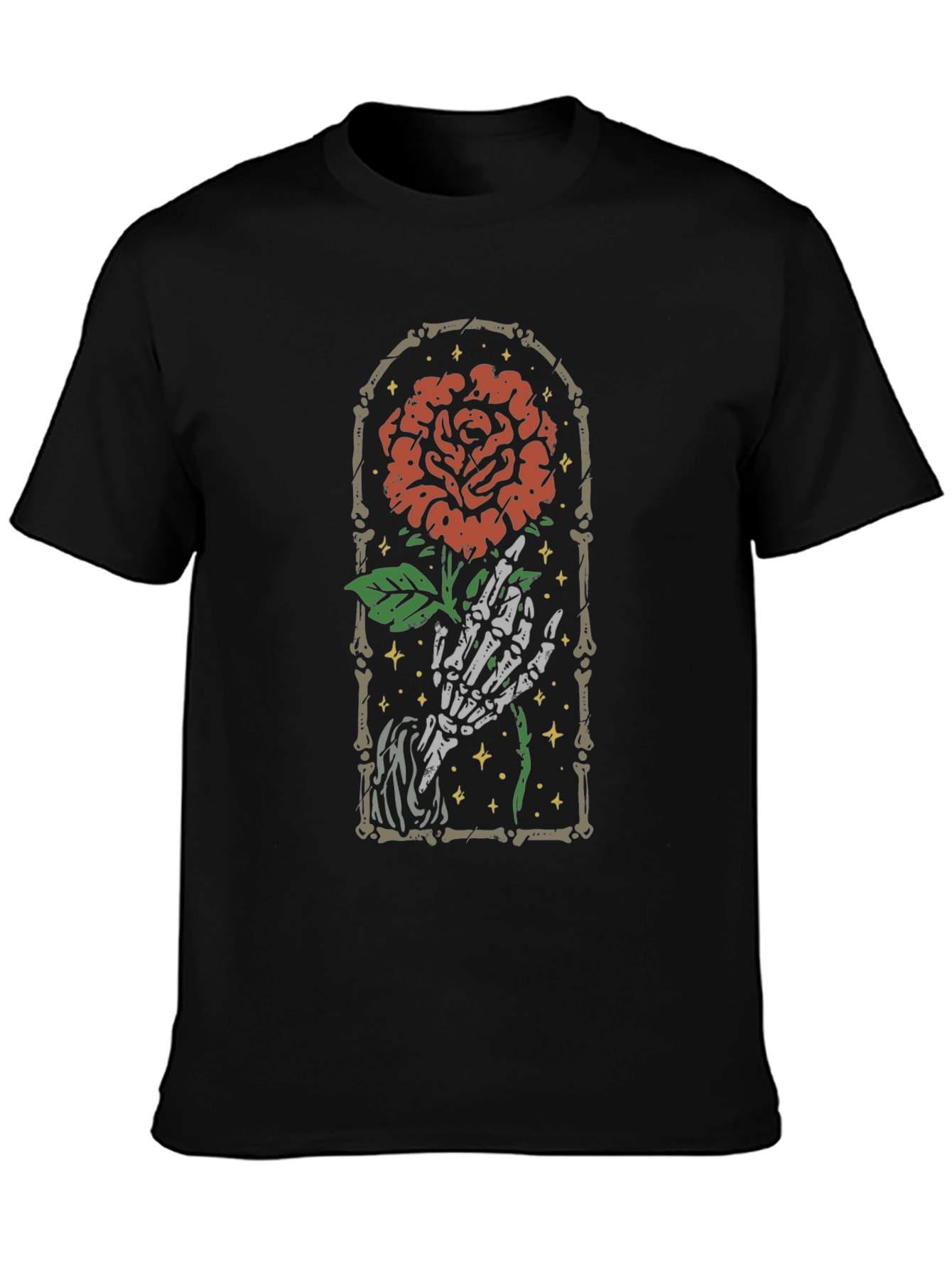 Rose Skeleton Hand Graphic Tee - Gothic Style