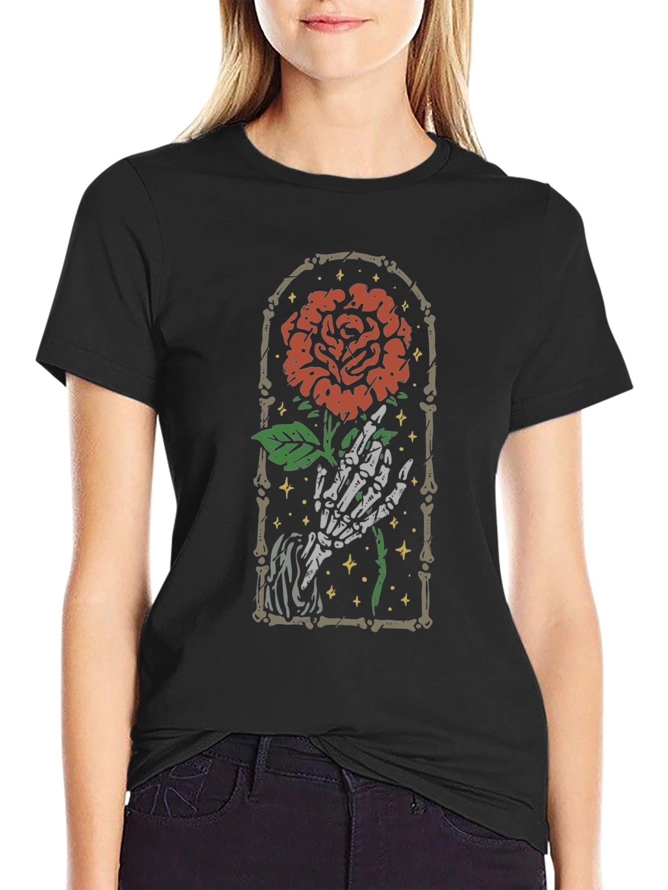 Rose Skeleton Hand Graphic Tee - Gothic Style