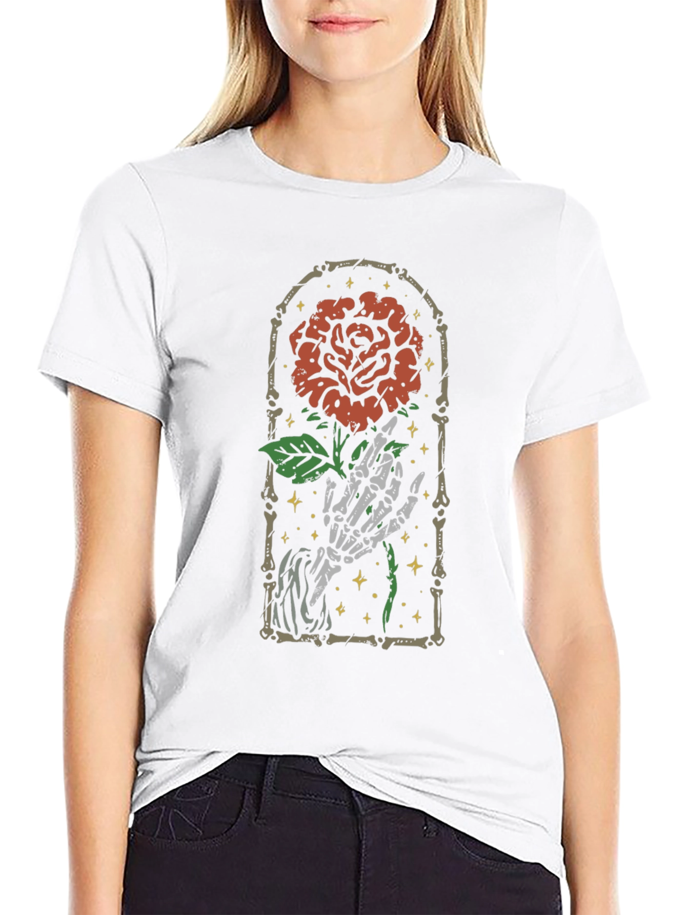 Rose Skeleton Hand Graphic Tee - Gothic Style