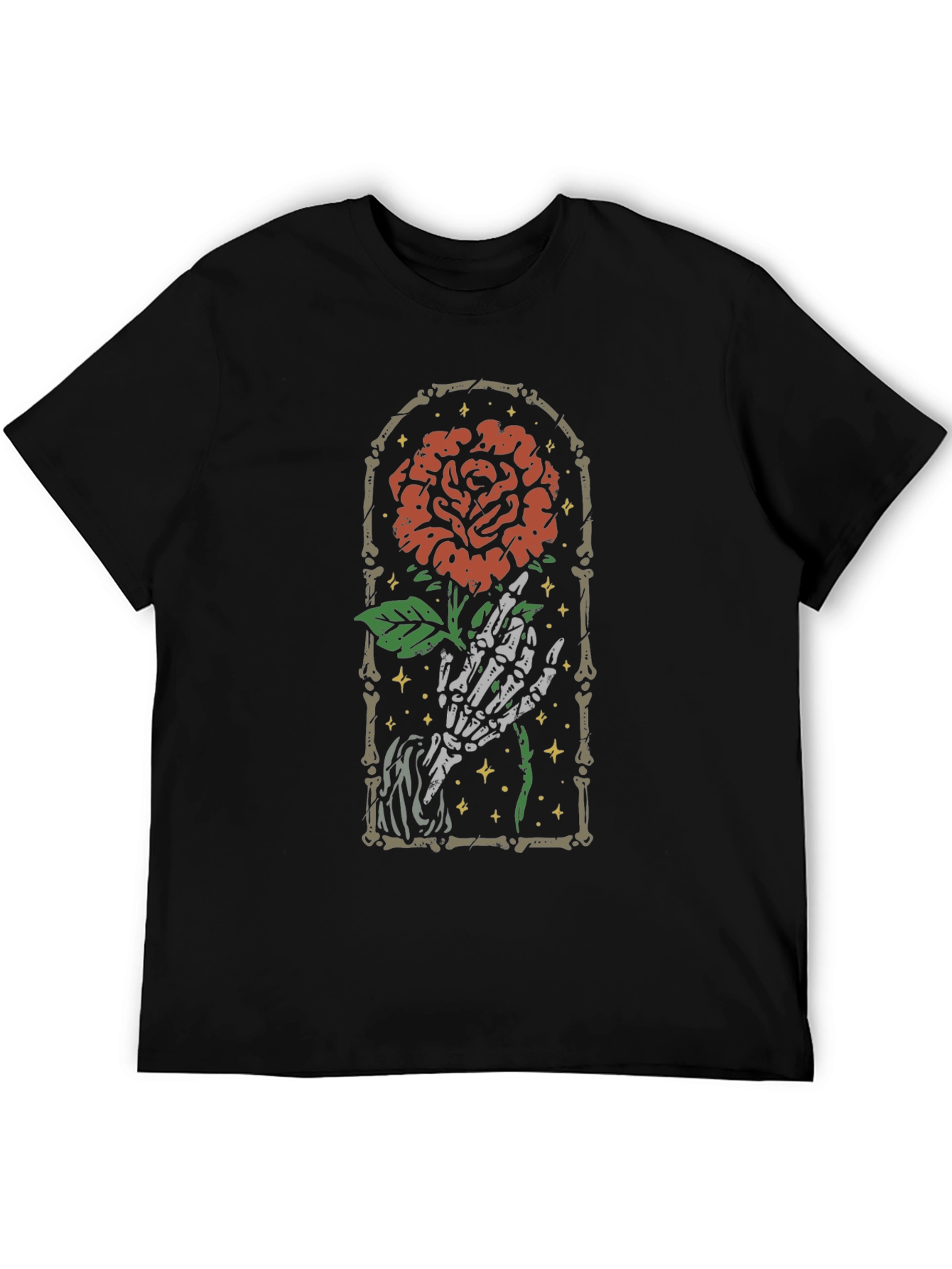 Rose Skeleton Hand Graphic Tee - Gothic Style