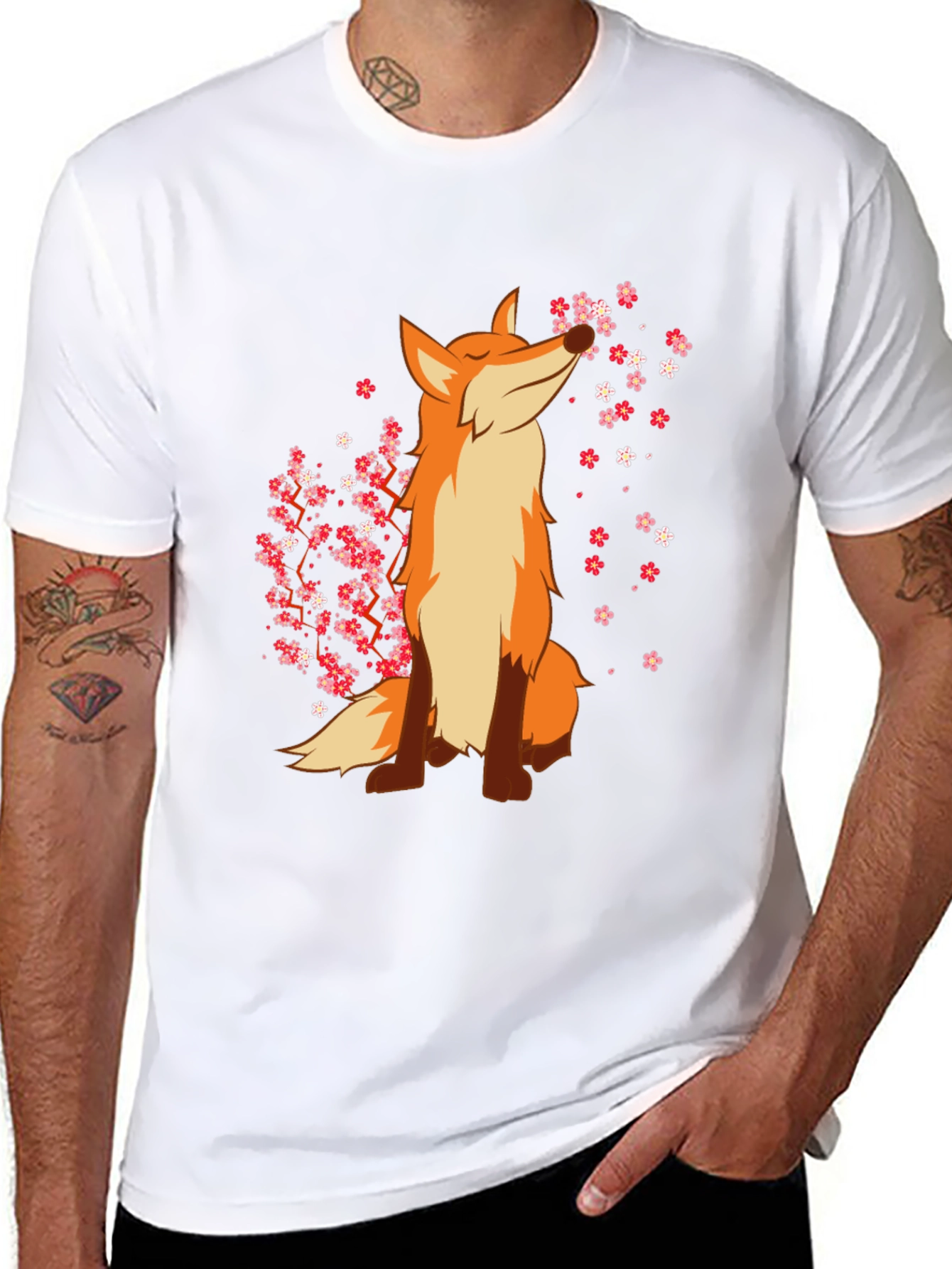 Fox and Cherry Blossom Black T-Shirt