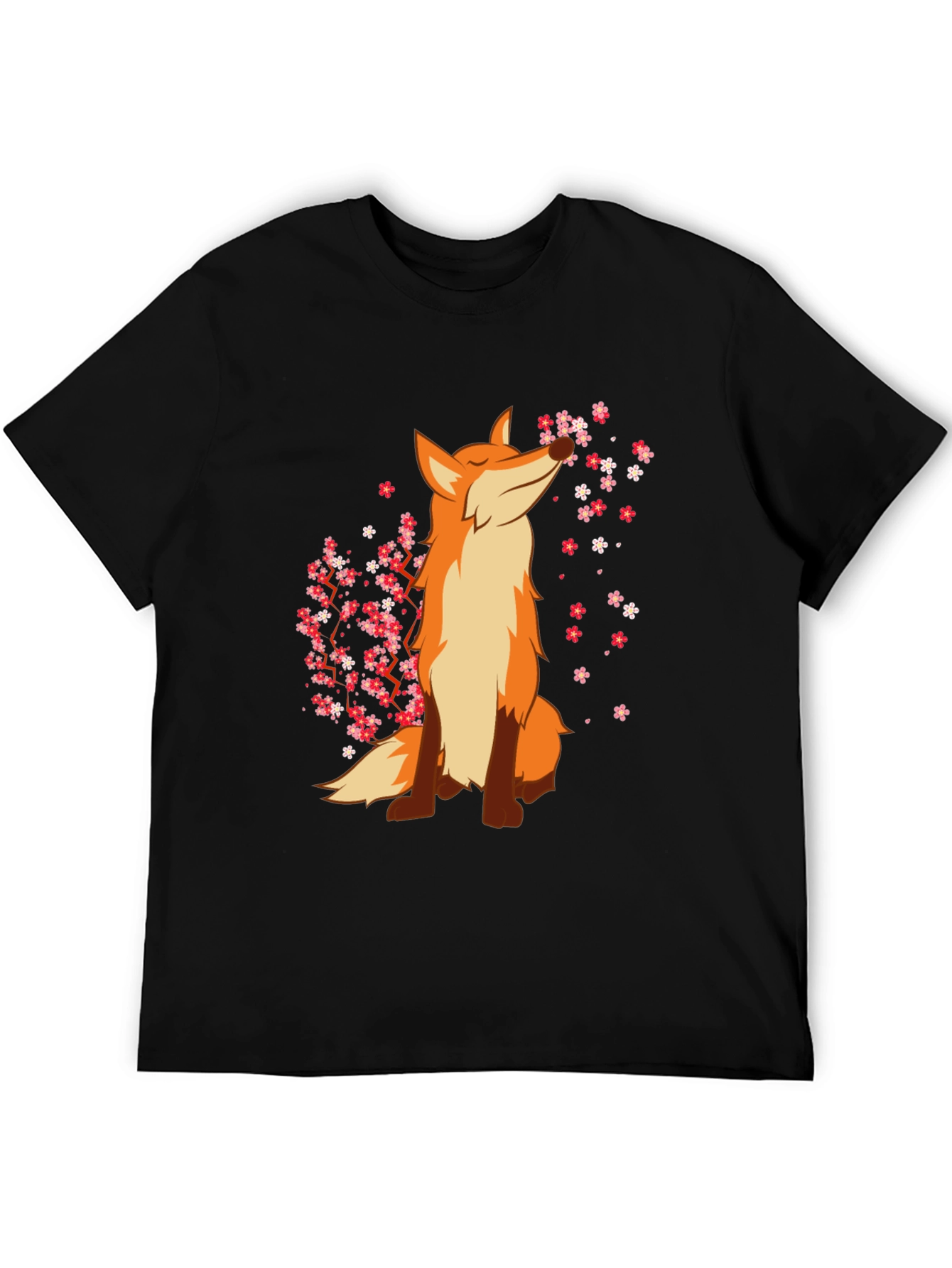 Fox and Cherry Blossom Black T-Shirt