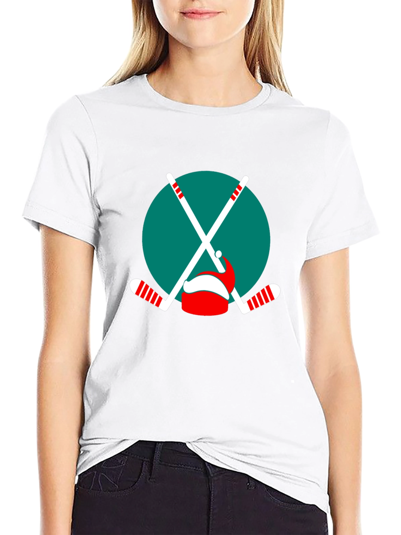 Festive Hockey T-Shirt: Santa Hat & Sticks