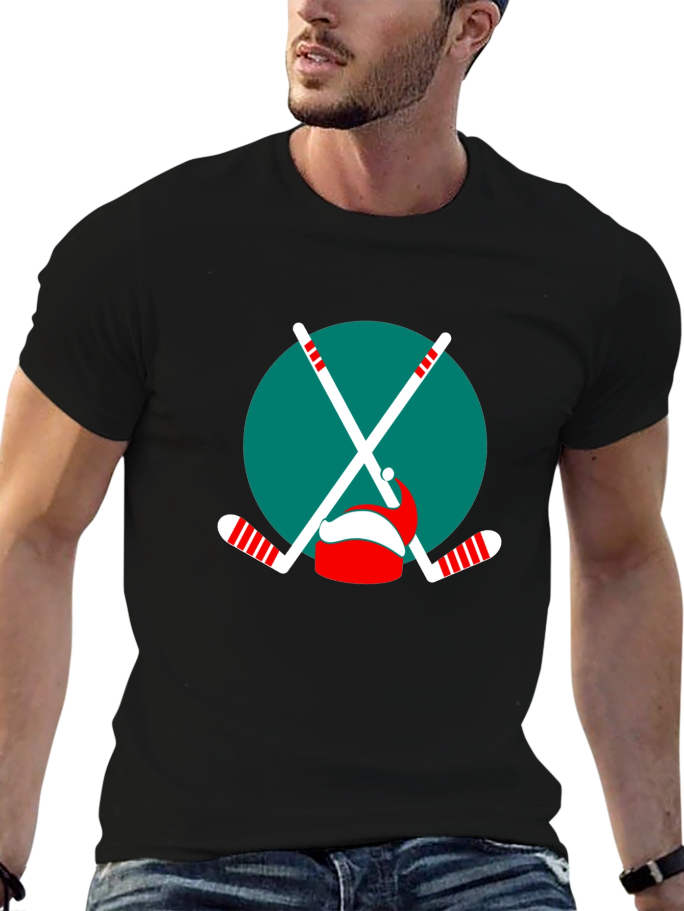 Festive Hockey T-Shirt: Santa Hat & Sticks