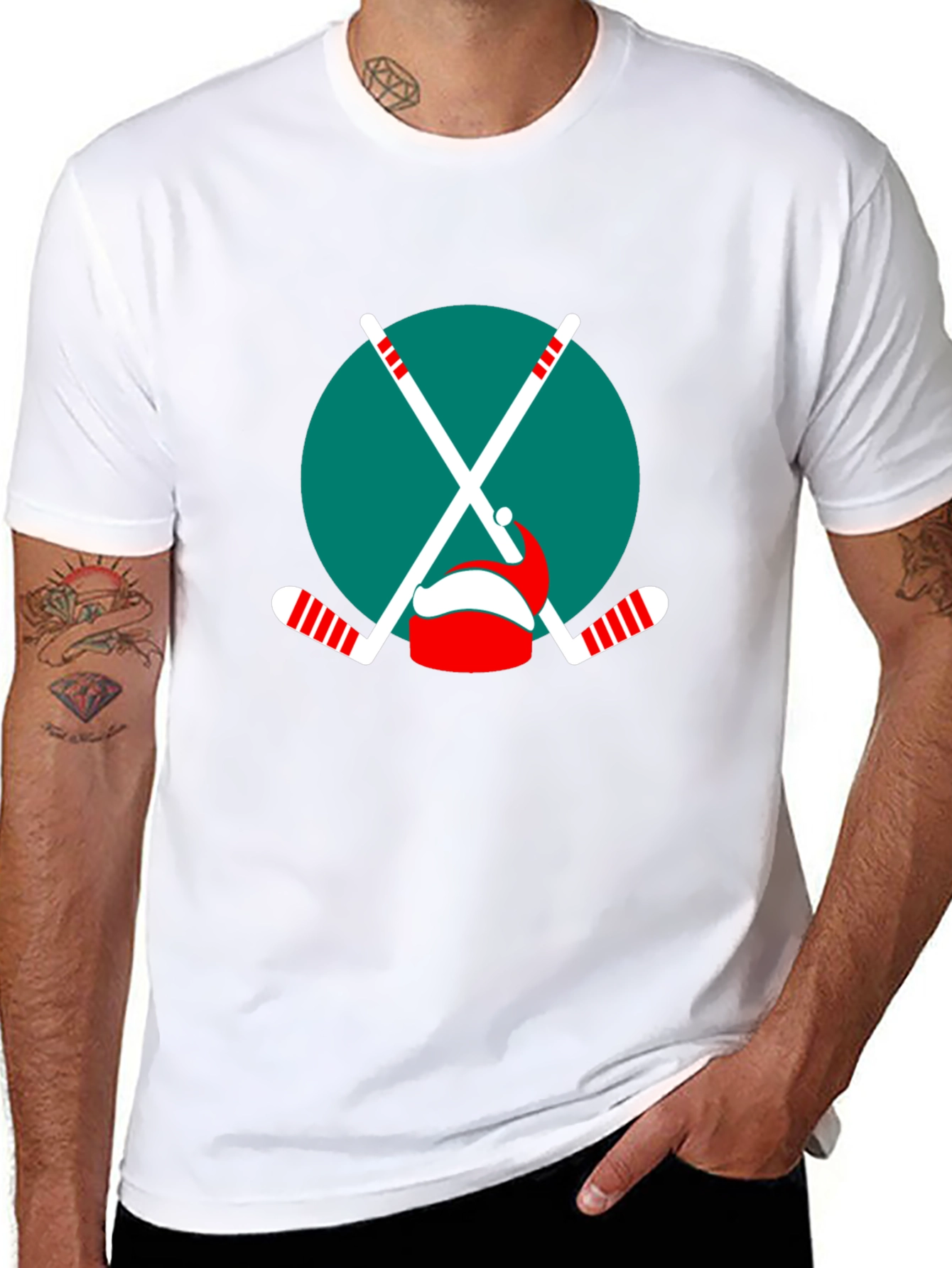 Festive Hockey T-Shirt: Santa Hat & Sticks
