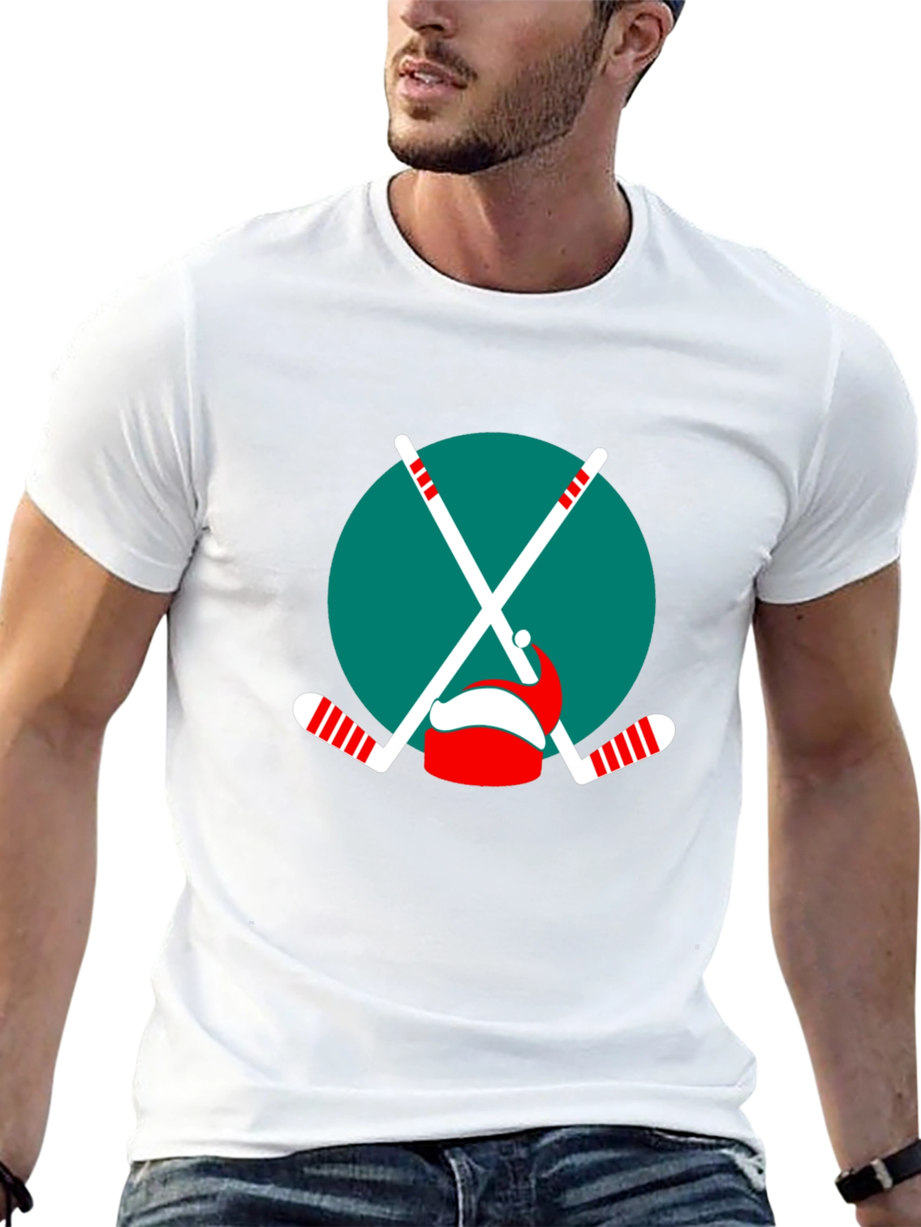 Festive Hockey T-Shirt: Santa Hat & Sticks