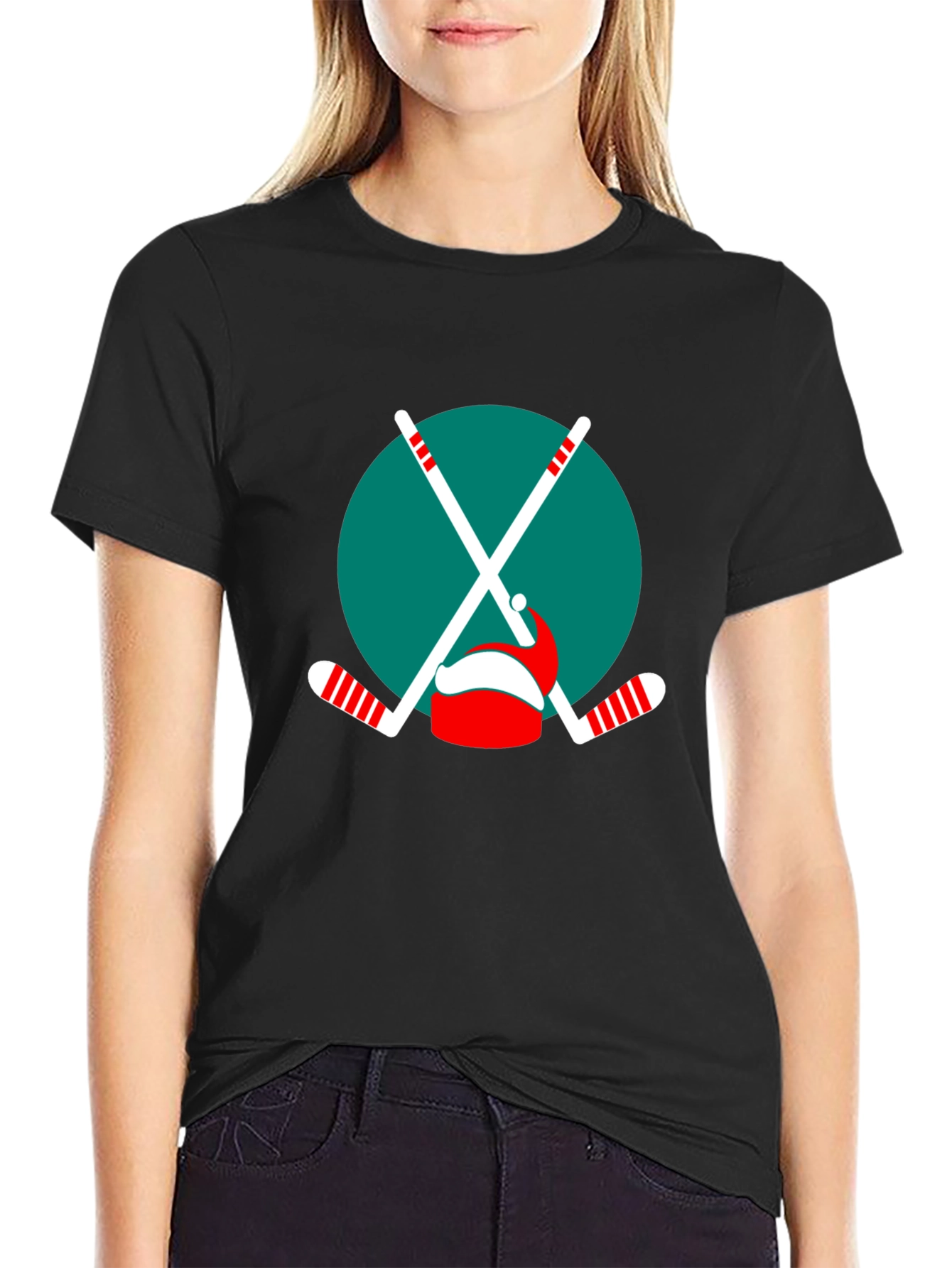 Festive Hockey T-Shirt: Santa Hat & Sticks