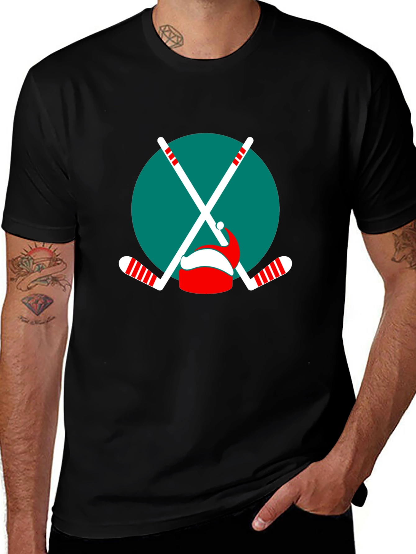 Festive Hockey T-Shirt: Santa Hat & Sticks
