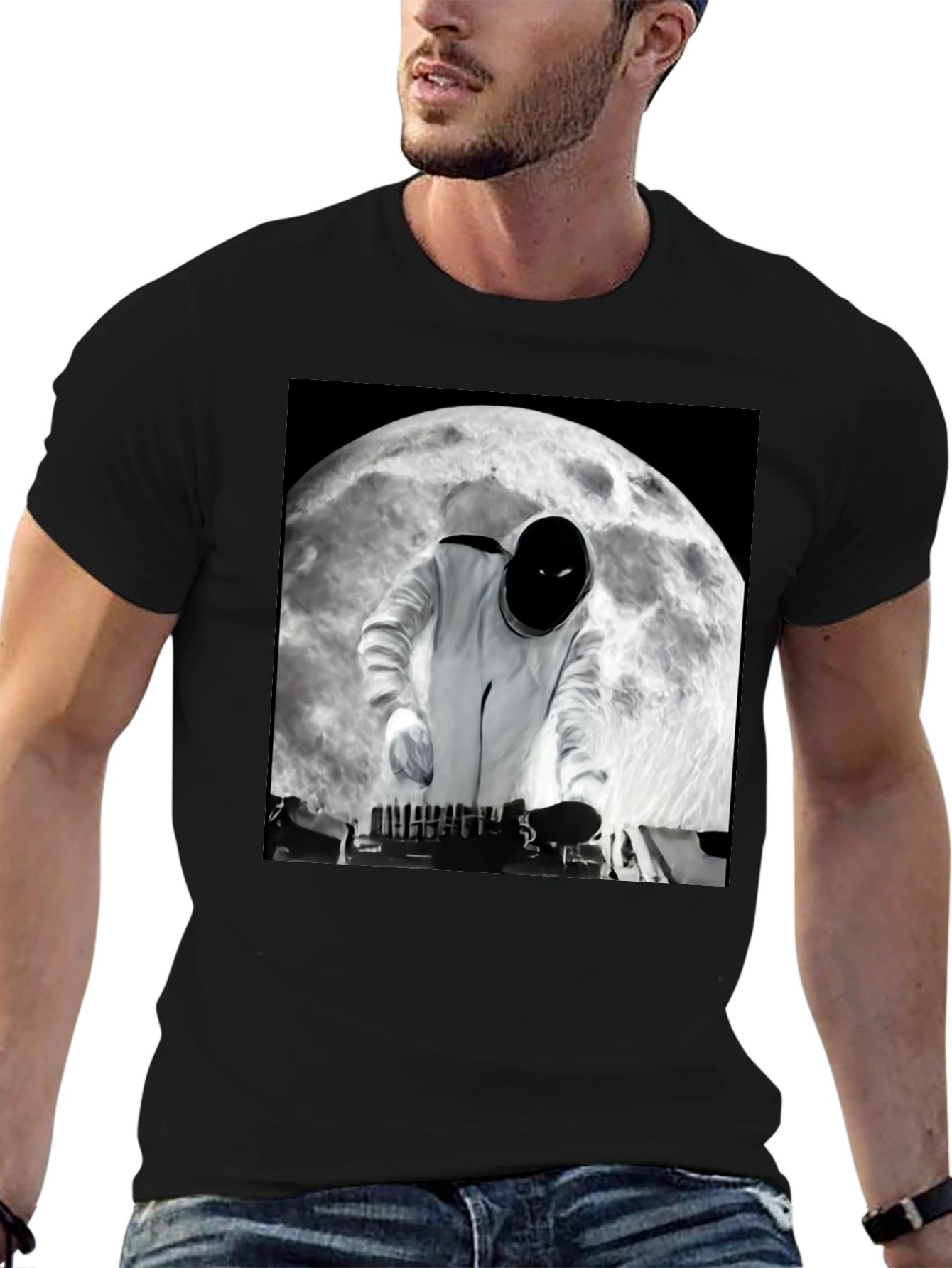 Astronaut DJ on the Moon Black T-Shirt