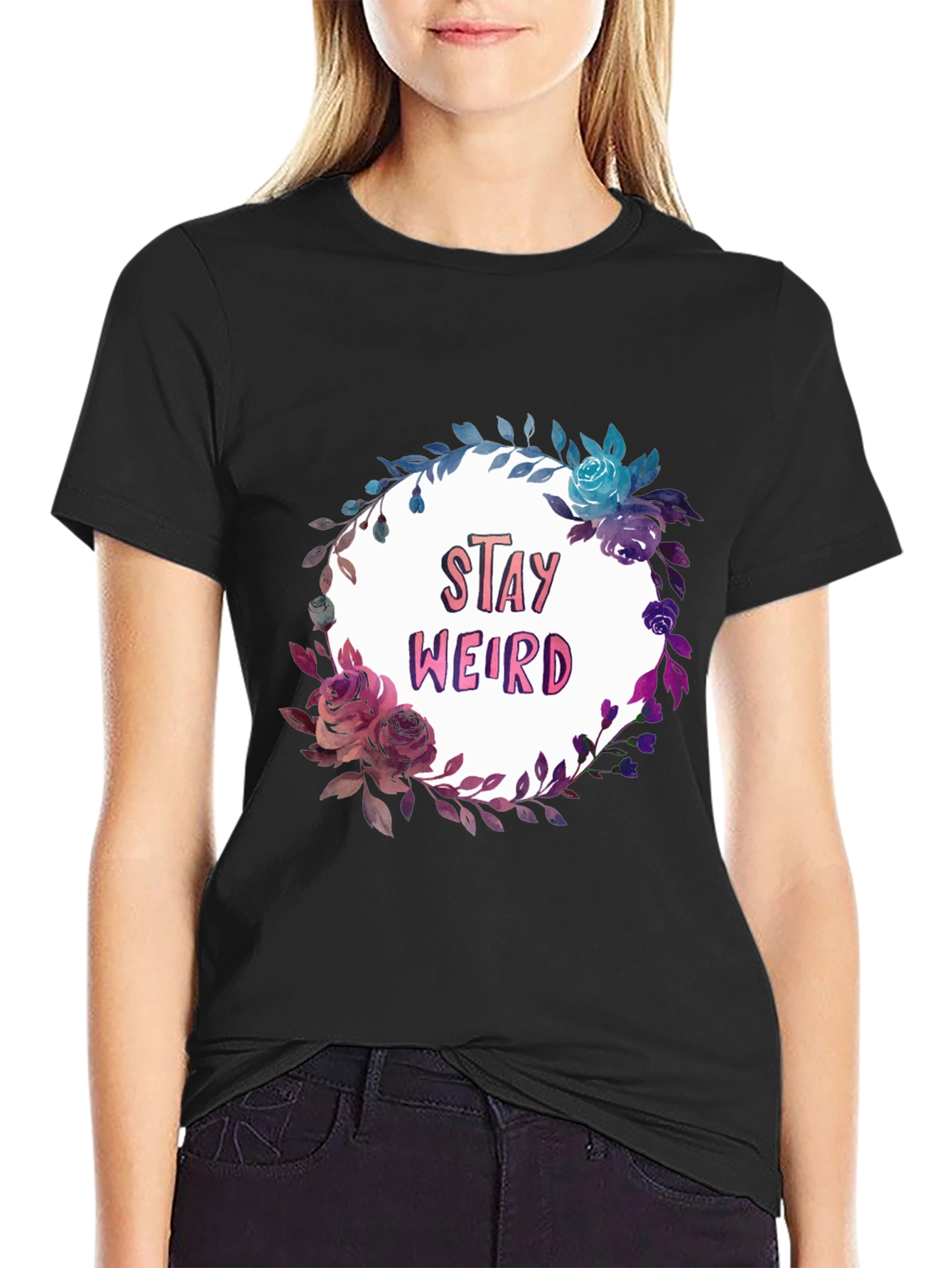 Stay Weird Floral Graphic Black T-Shirt