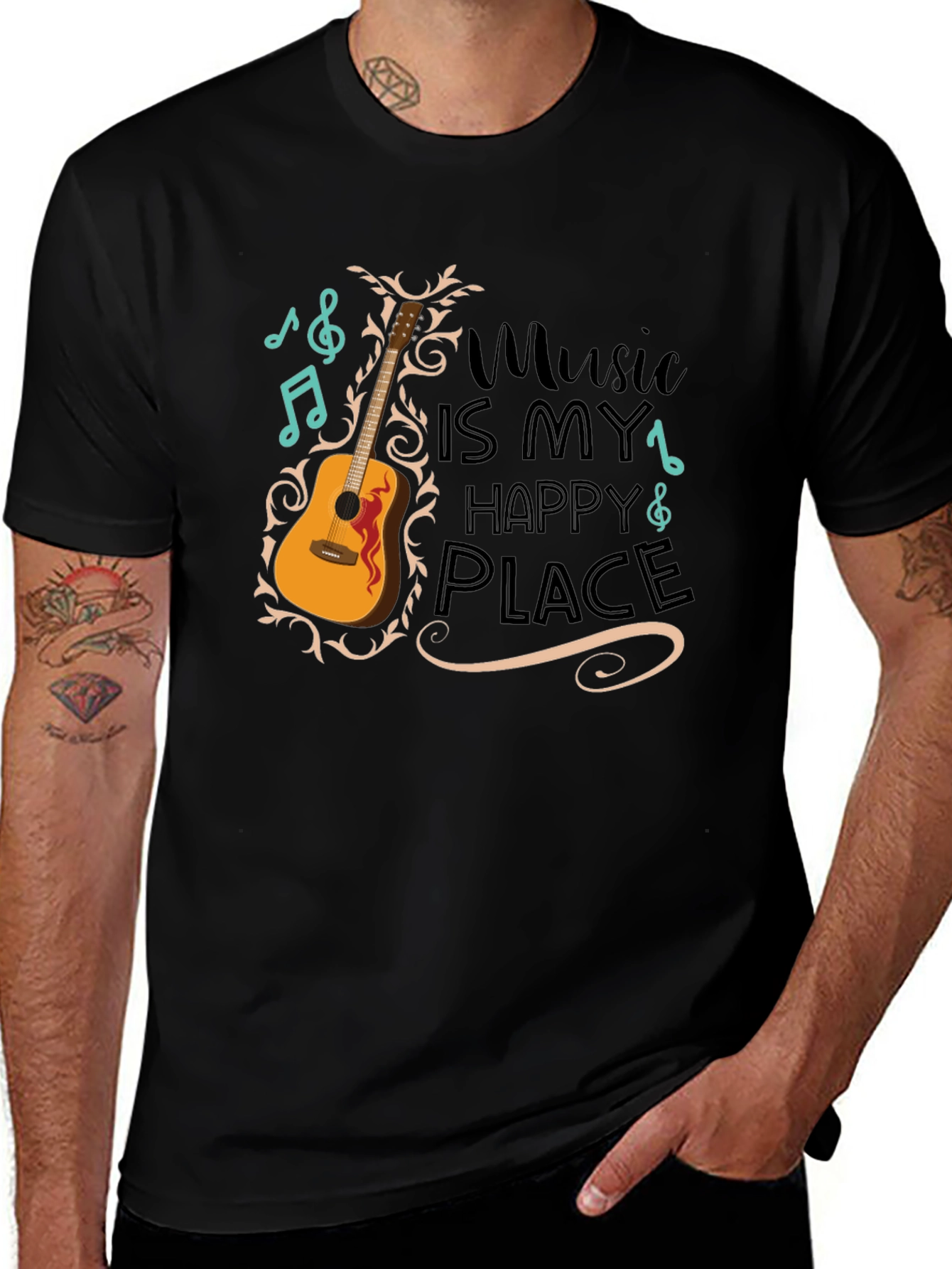 Music Is My Happy Place Guitar Graphic T-Shirt