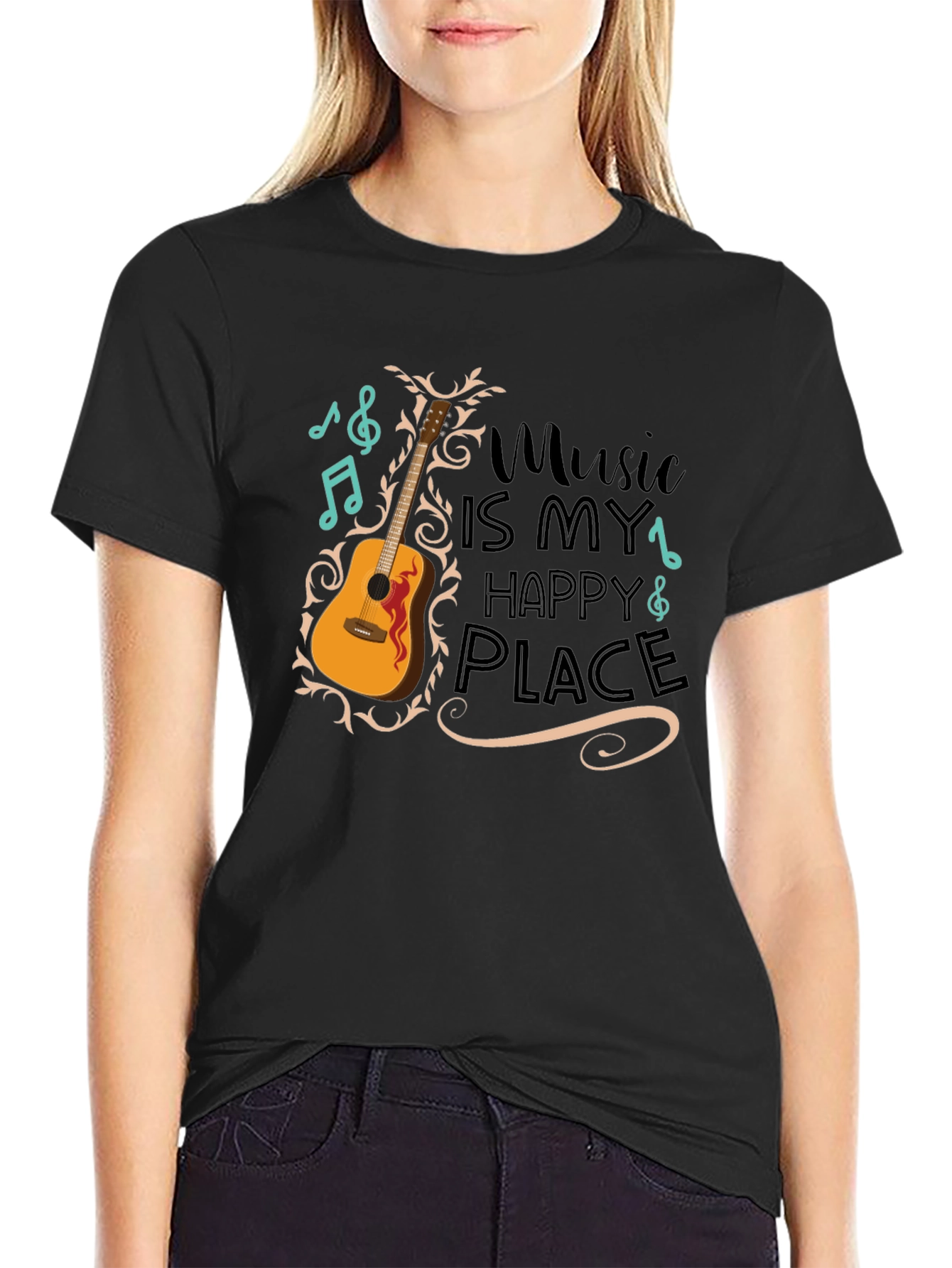 Music Is My Happy Place Guitar Graphic T-Shirt