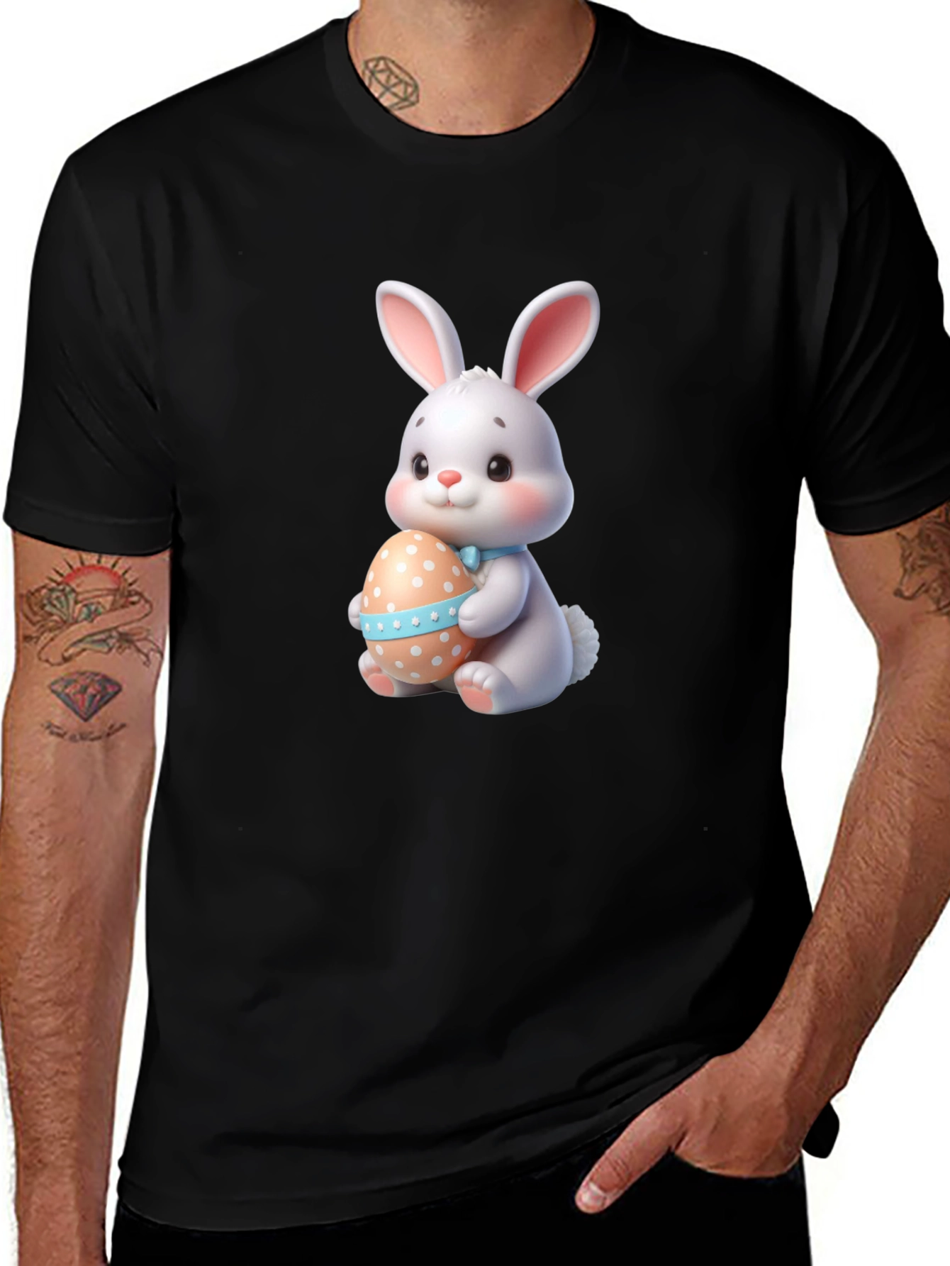 Cute Easter Bunny Holding Egg - Black T-Shirt