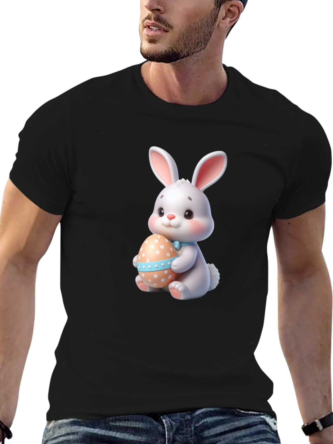 Cute Easter Bunny Holding Egg - Black T-Shirt