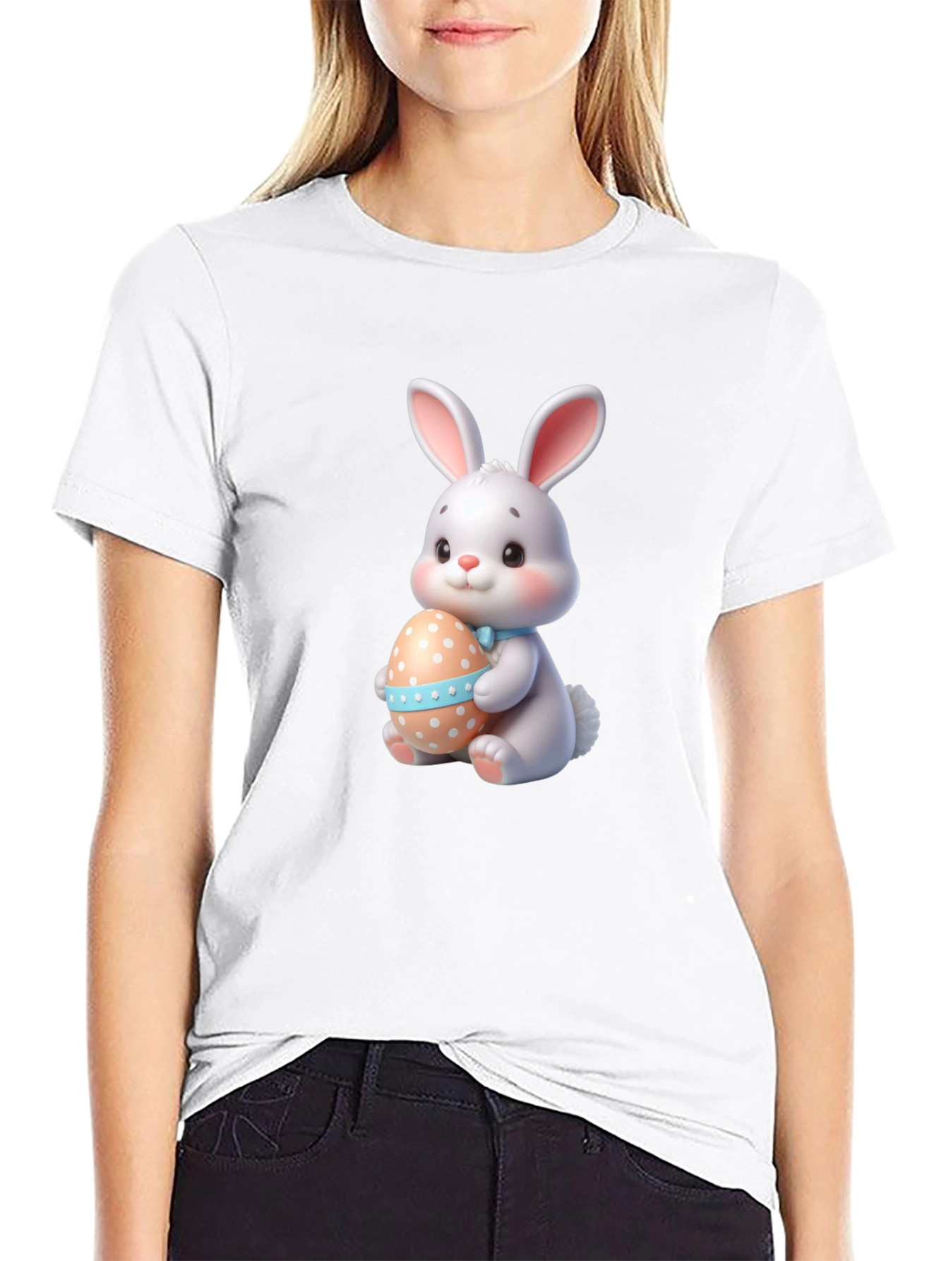 Cute Easter Bunny Holding Egg - Black T-Shirt