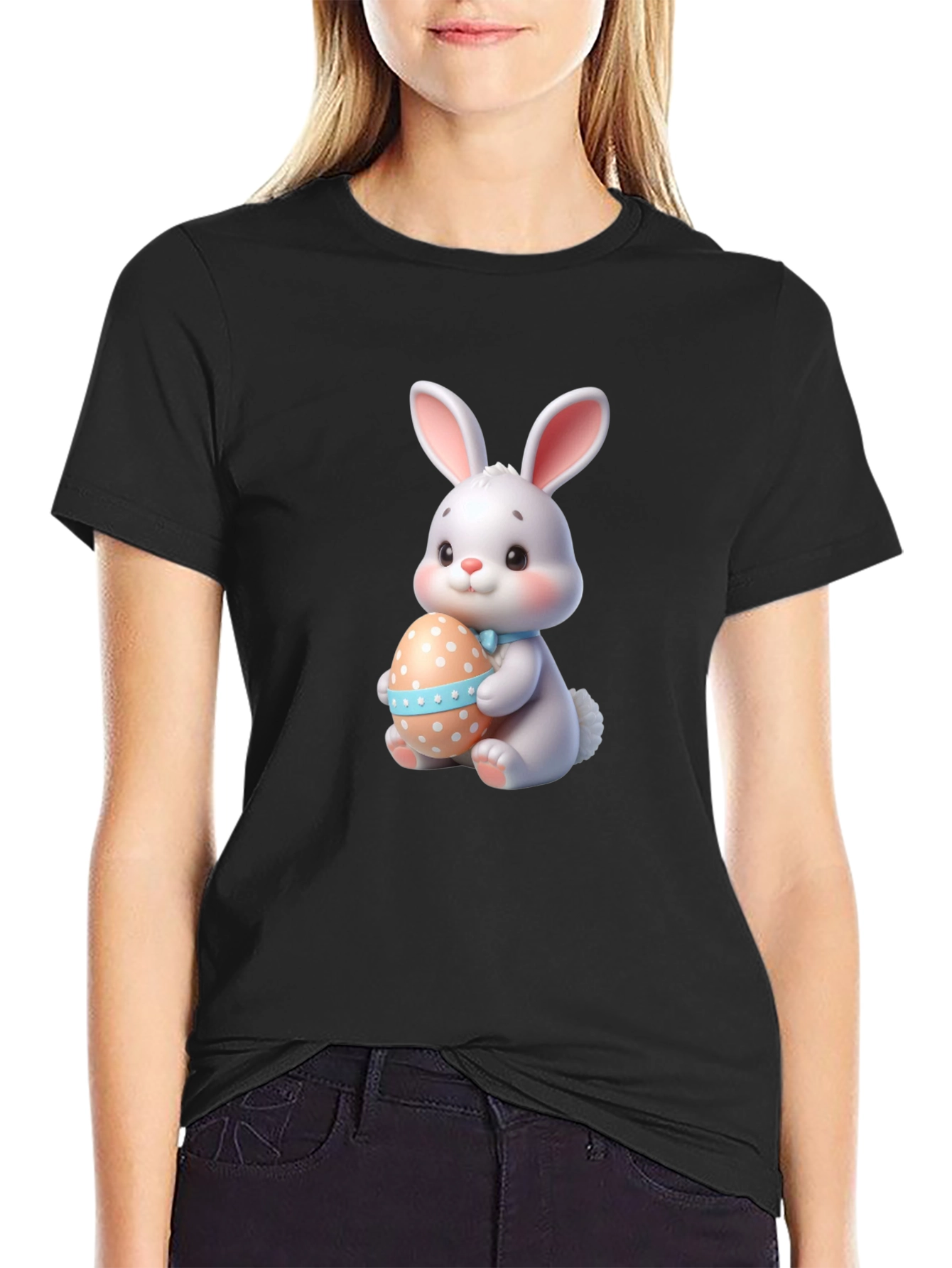 Cute Easter Bunny Holding Egg - Black T-Shirt