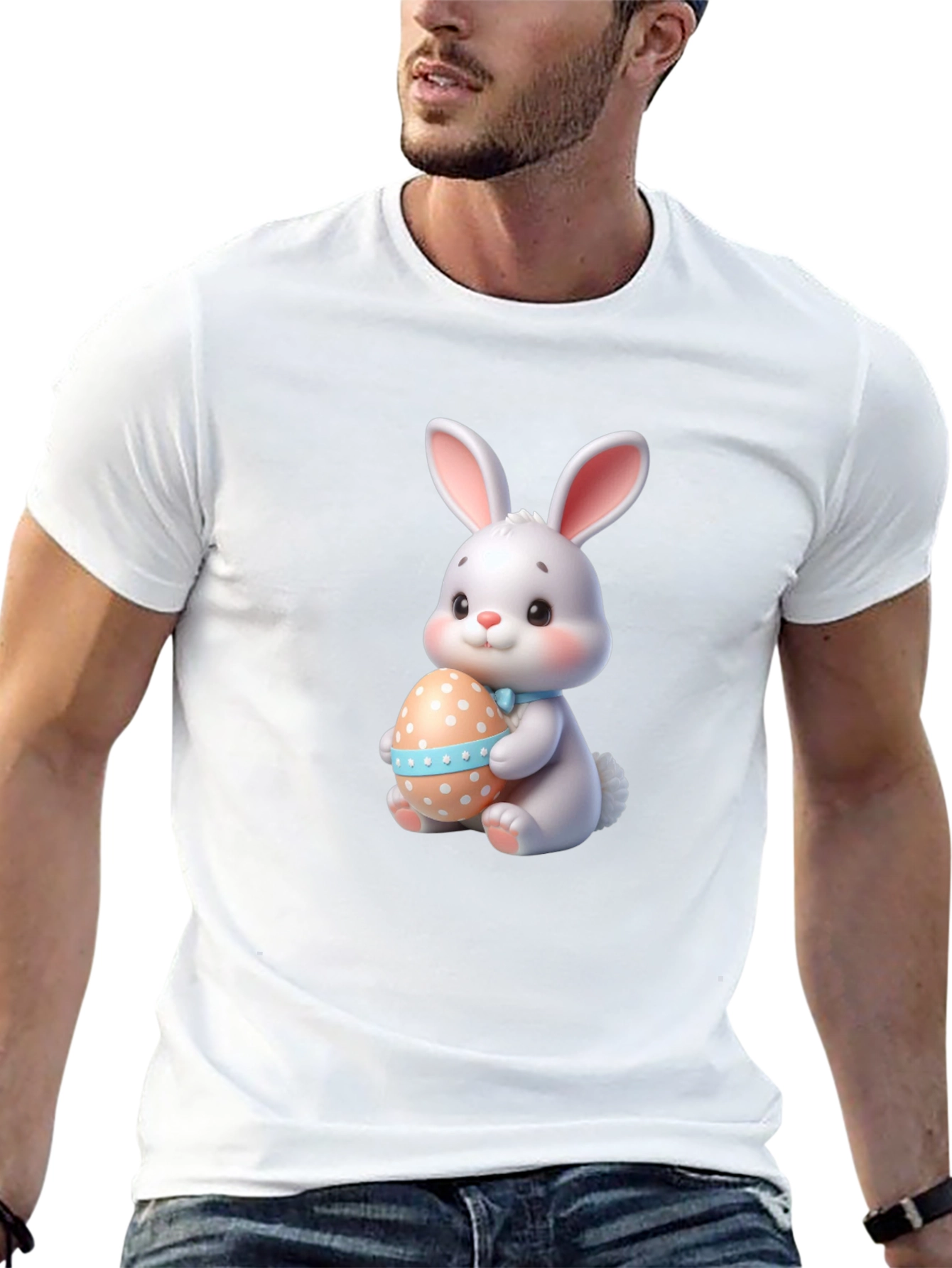 Cute Easter Bunny Holding Egg - Black T-Shirt