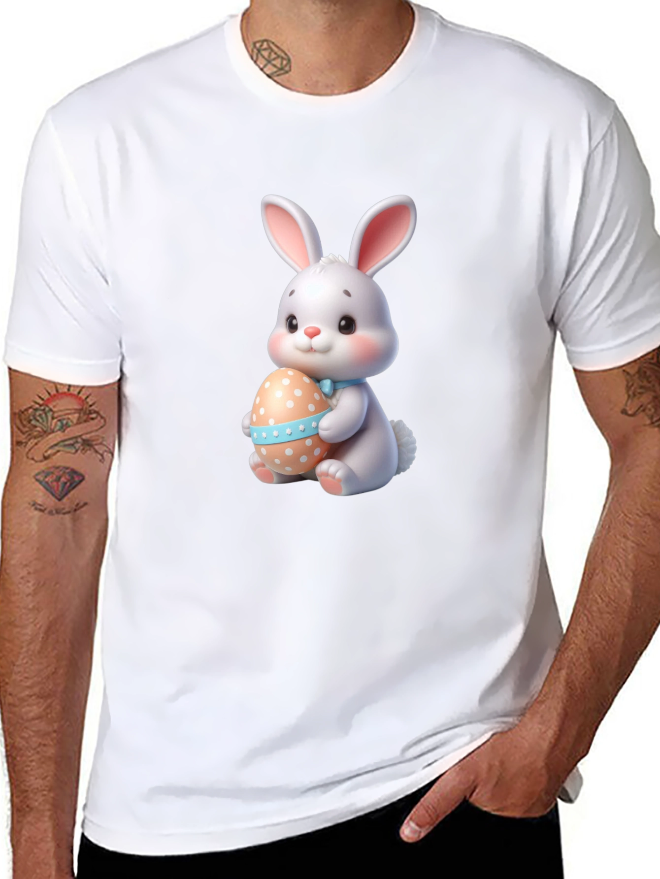 Cute Easter Bunny Holding Egg - Black T-Shirt