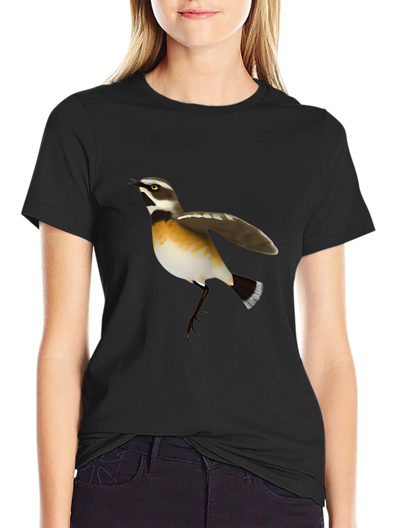 Bird Graphic Tee - Black Cotton Casual T-Shirt