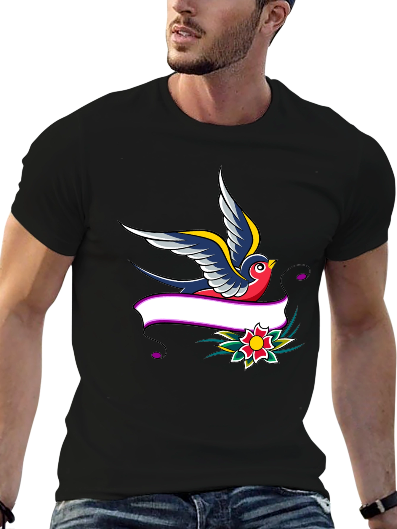 Swallow & Banner Graphic Print Black T-Shirt