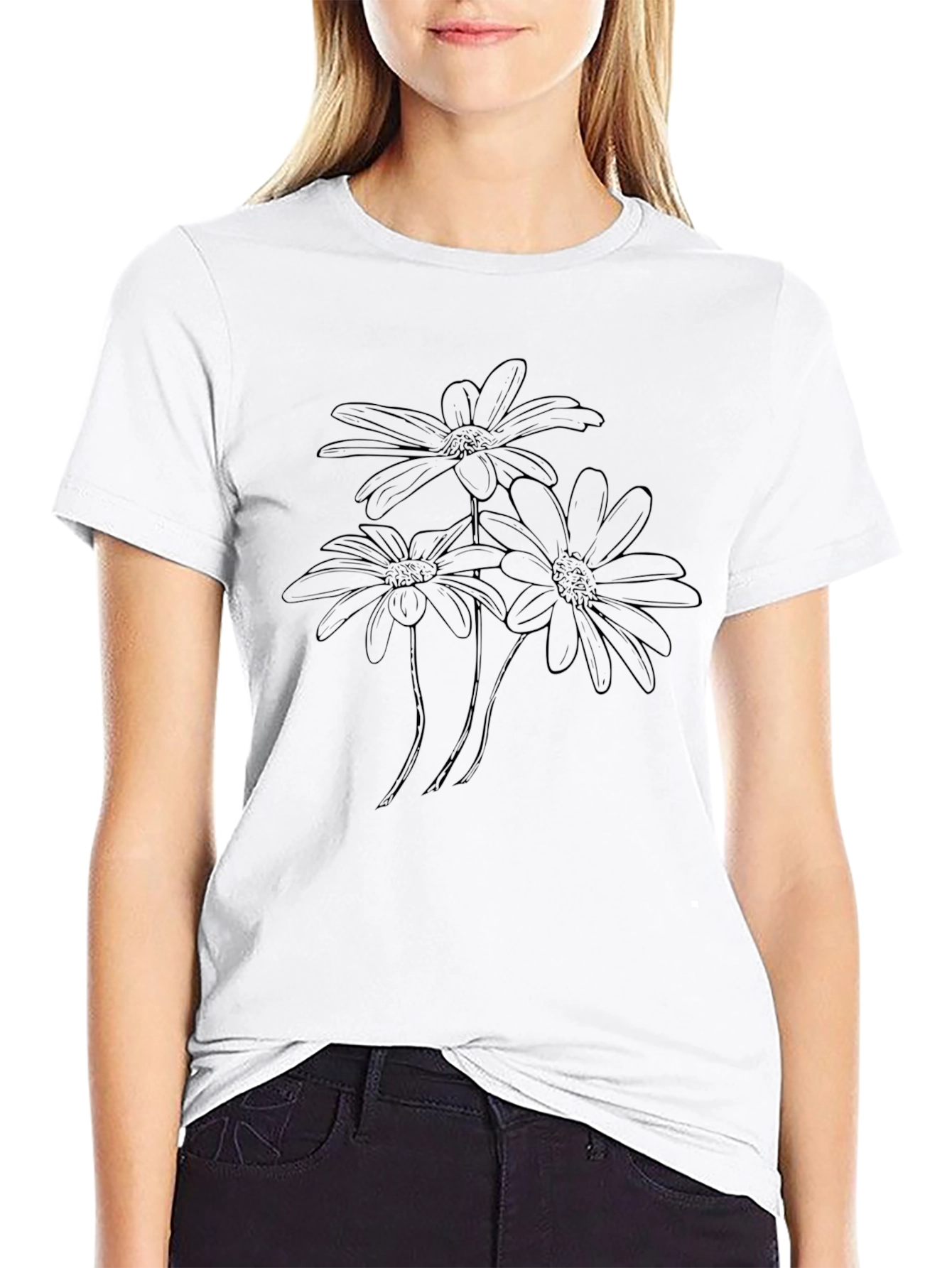 Floral Outline Graphic Black T-Shirt