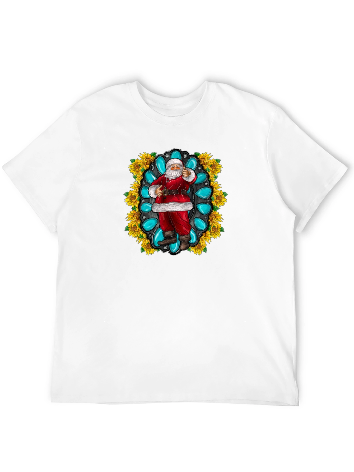 Festive Santa T-Shirt with Turquoise & Sunflower Design
