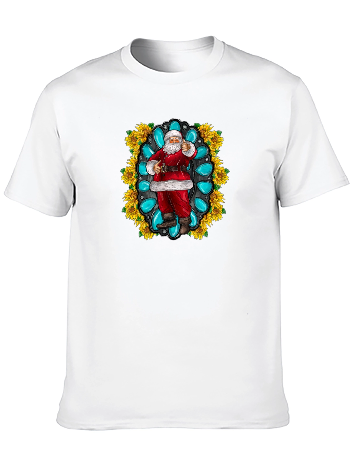 Festive Santa T-Shirt with Turquoise & Sunflower Design