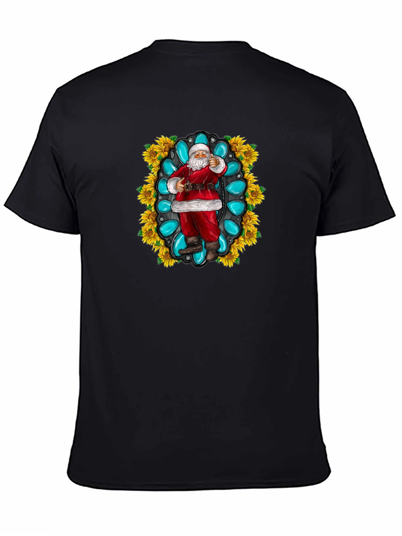 Festive Santa T-Shirt with Turquoise & Sunflower Design