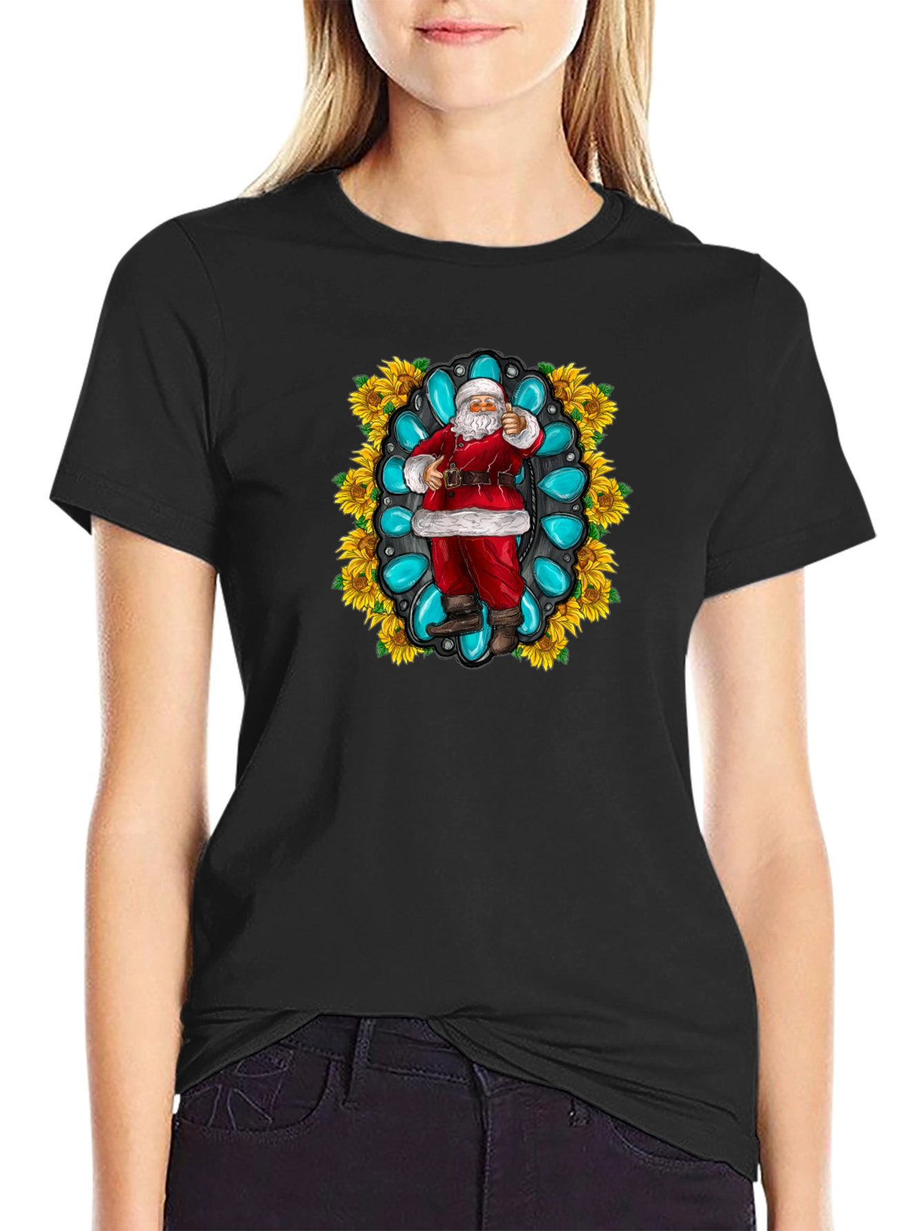 Festive Santa T-Shirt with Turquoise & Sunflower Design