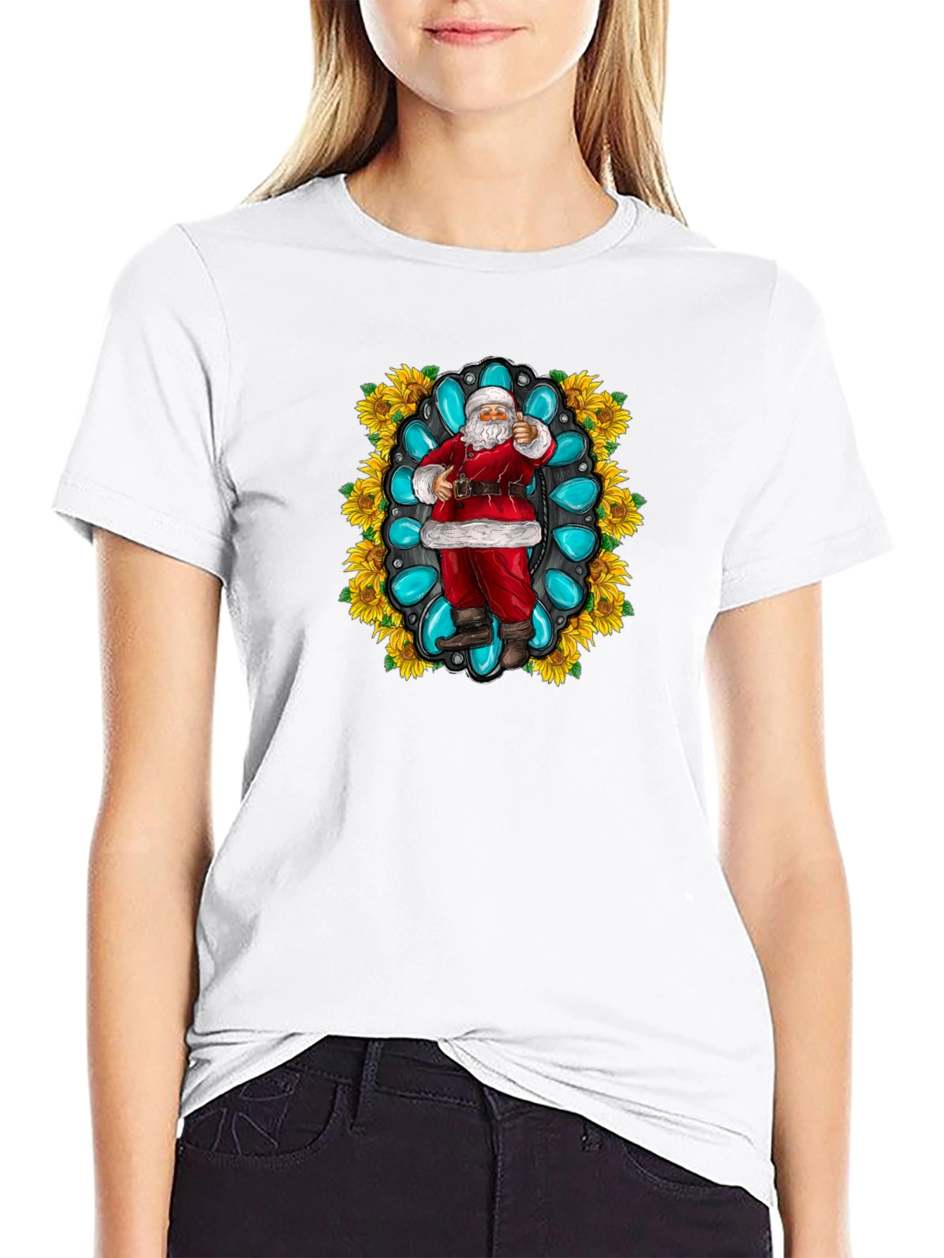 Festive Santa T-Shirt with Turquoise & Sunflower Design