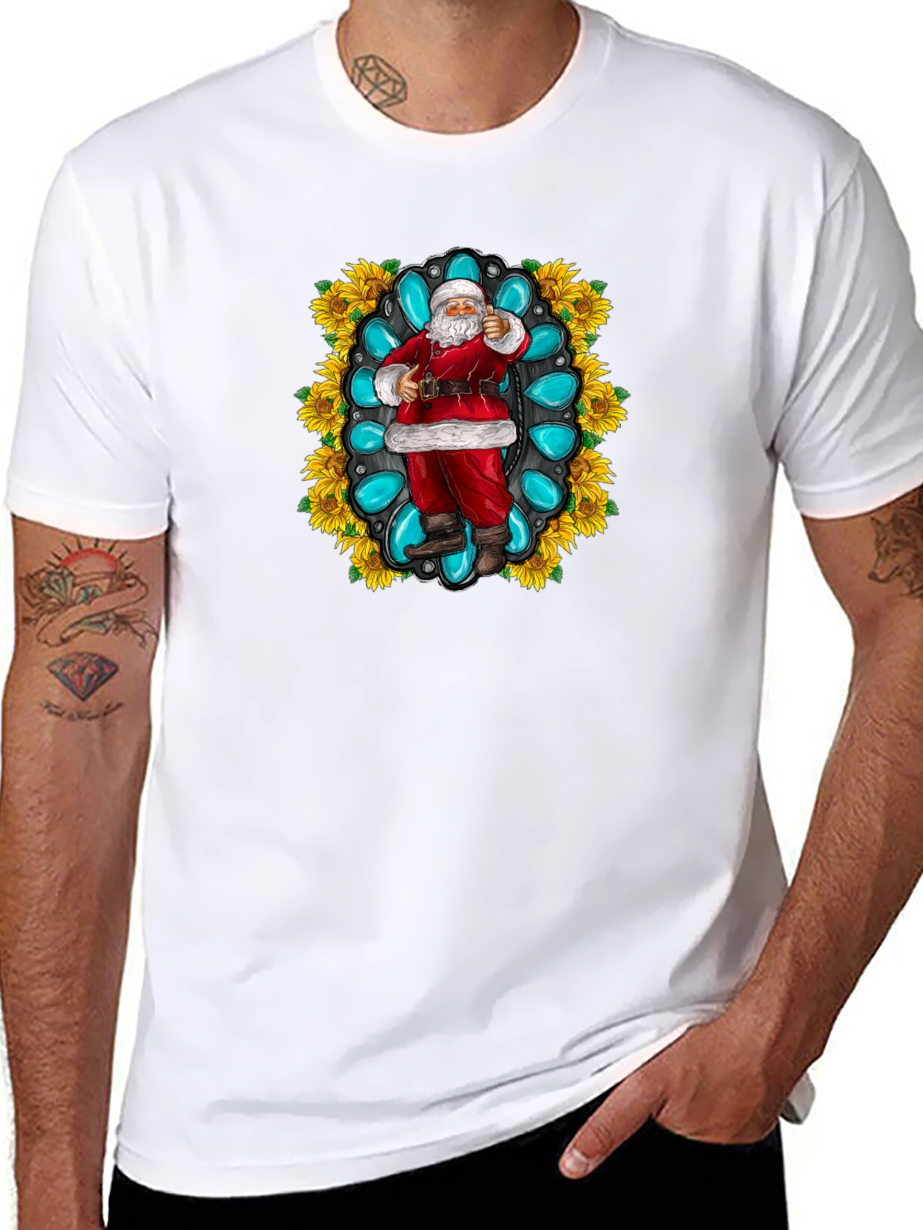 Festive Santa T-Shirt with Turquoise & Sunflower Design