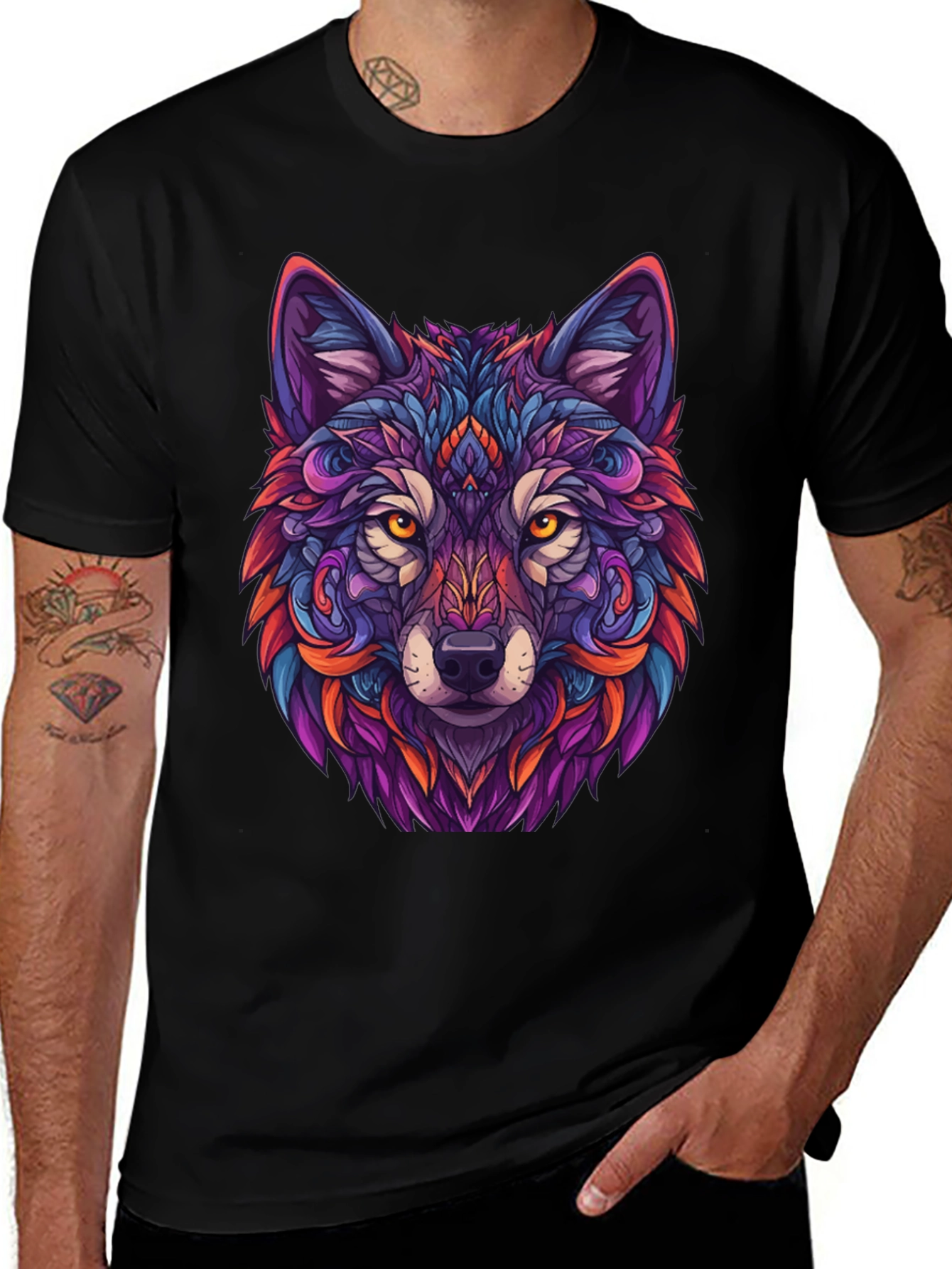 Vibrant Wolf Graphic Tee - Black T-Shirt
