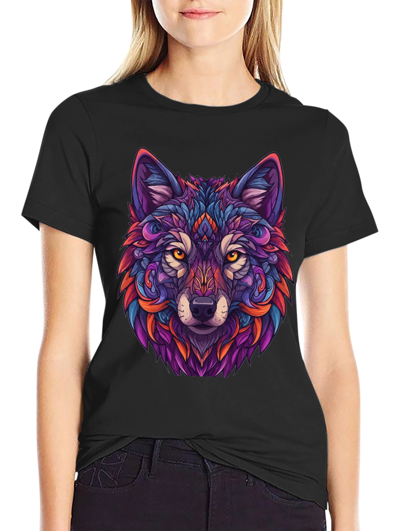 Vibrant Wolf Graphic Tee - Black T-Shirt