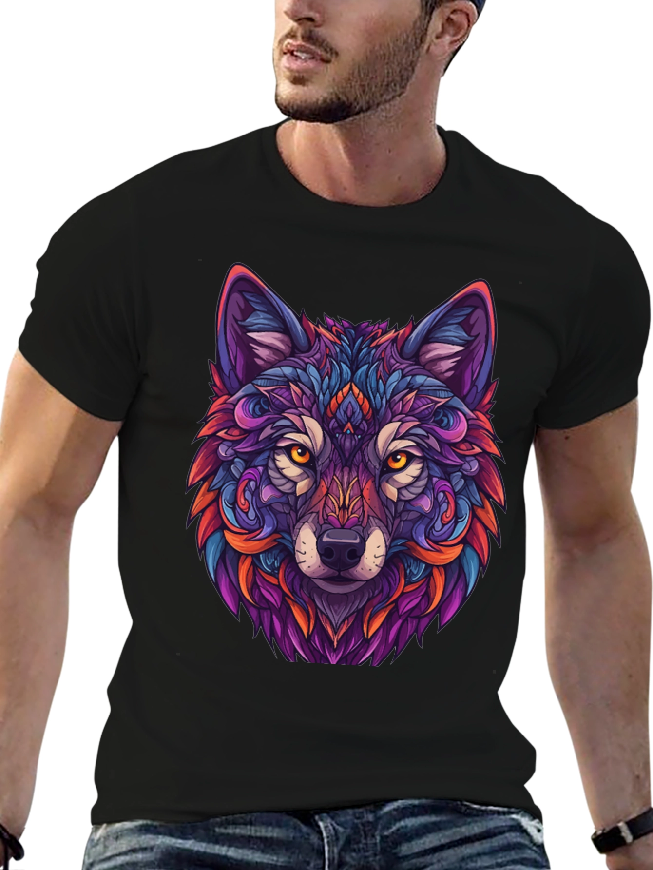 Vibrant Wolf Graphic Tee - Black T-Shirt