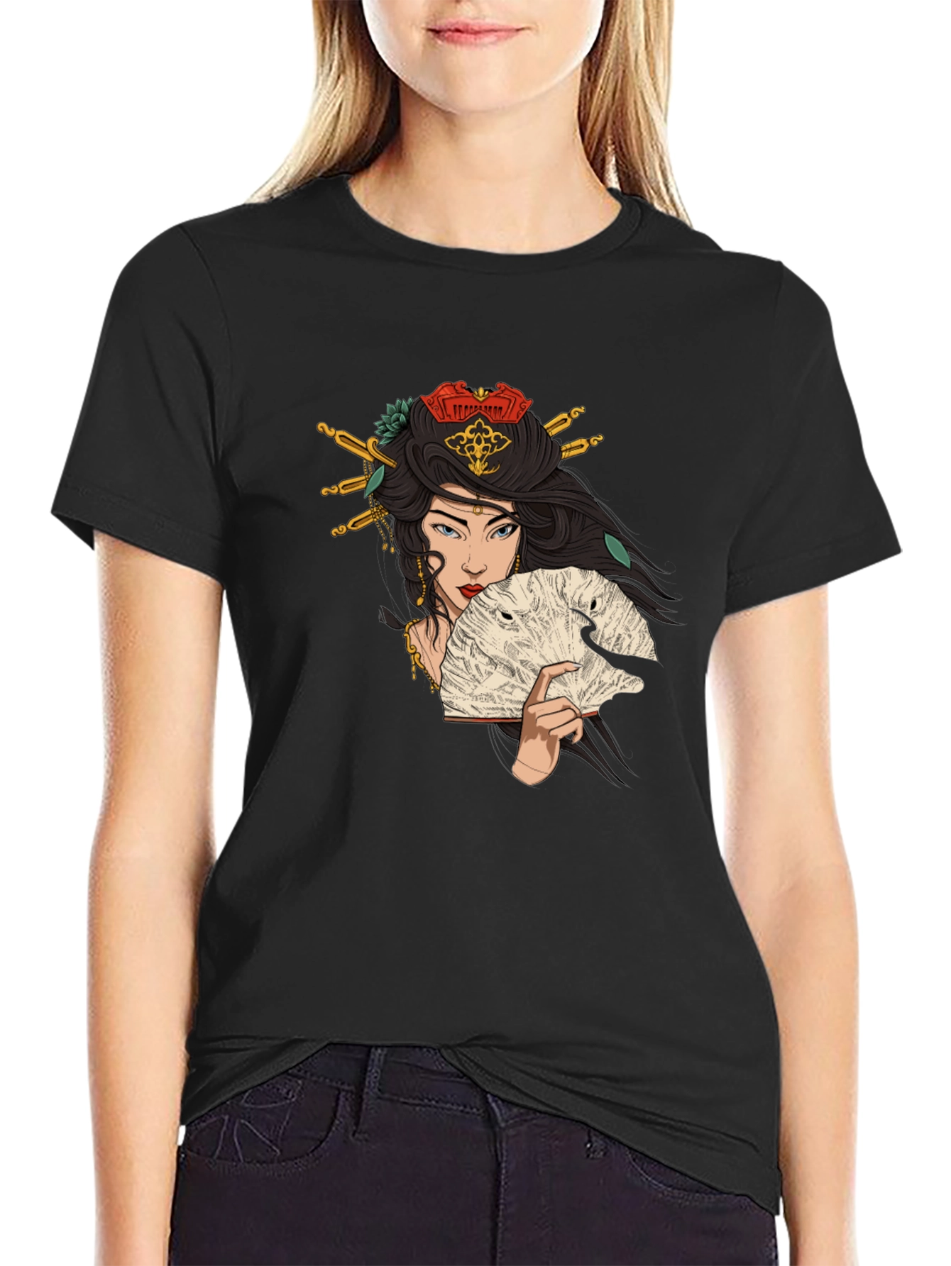 Geisha Art Graphic T-Shirt - Black