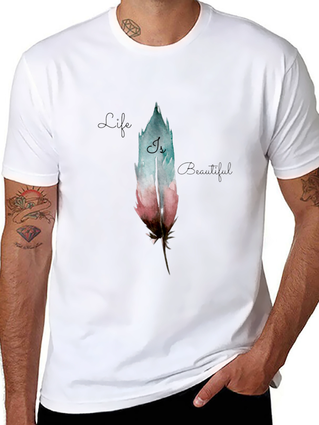 Feather Graphic Black T-Shirt - Life is Beautiful