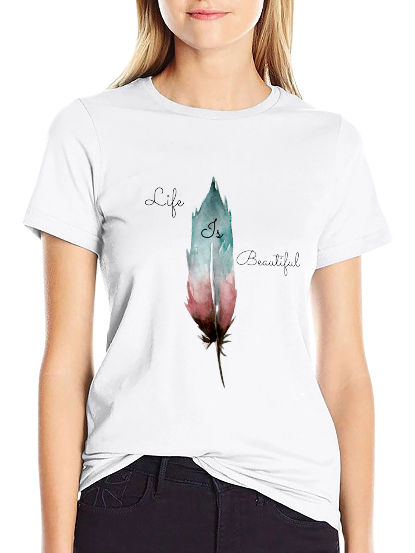 Feather Graphic Black T-Shirt - Life is Beautiful