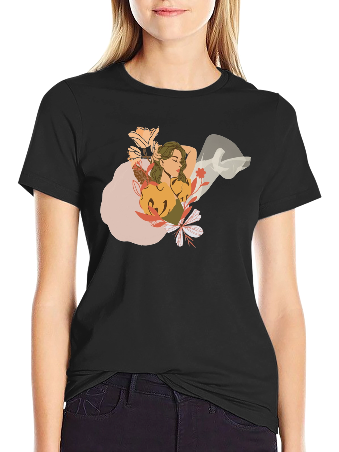 Floral Woman Graphic Black T-Shirt