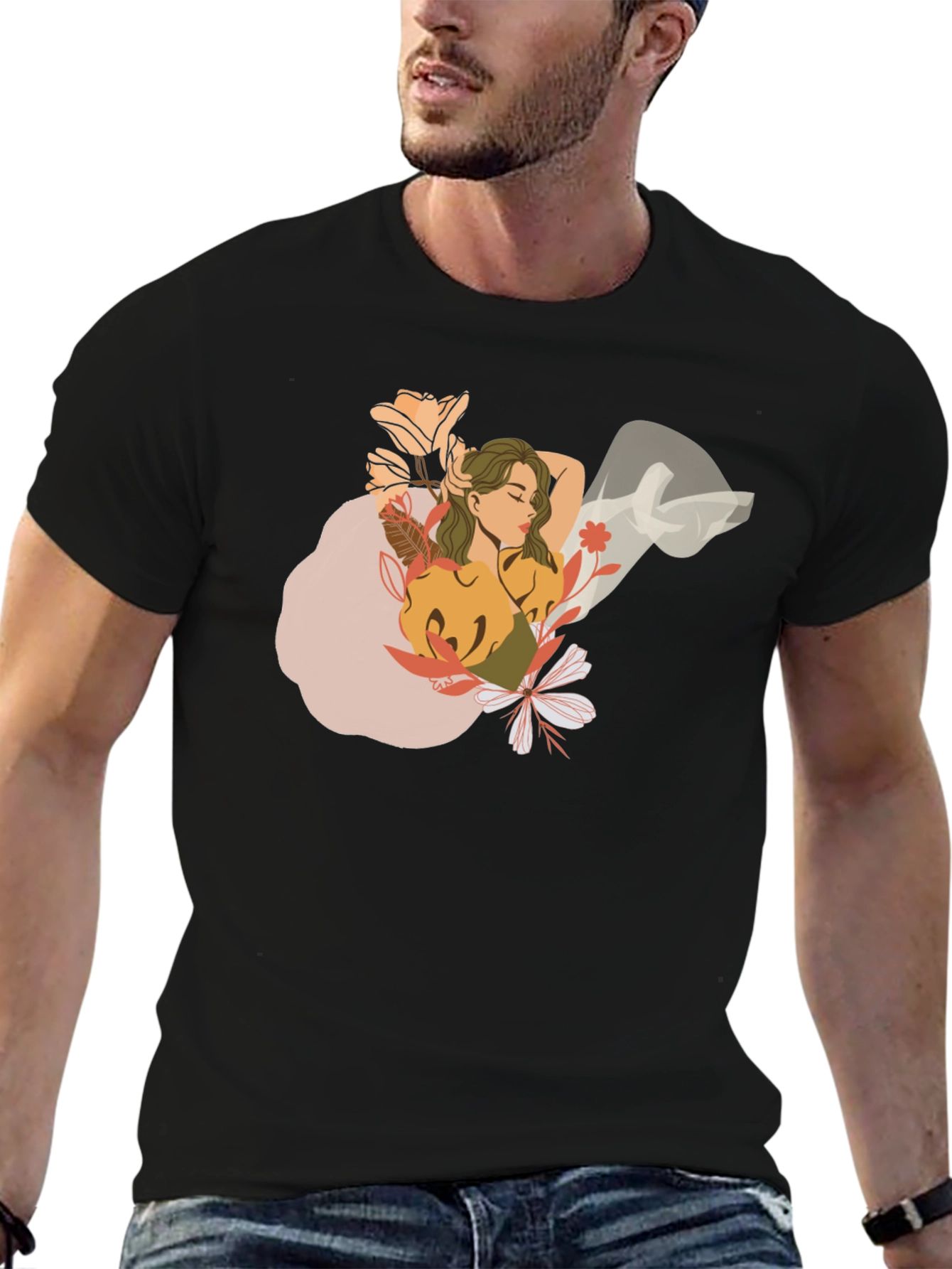 Floral Woman Graphic Black T-Shirt